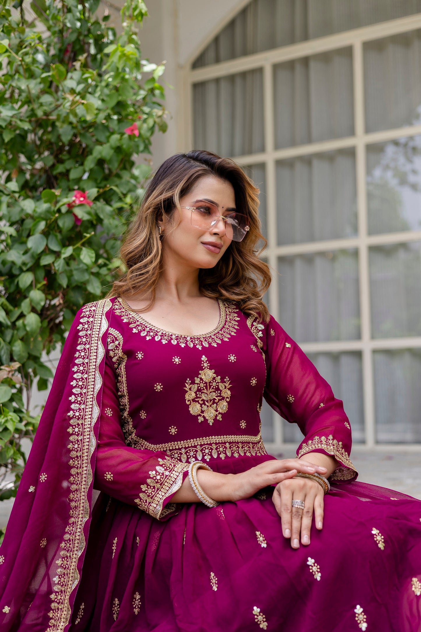Wine Anarkali Gown Dress With Dupatta