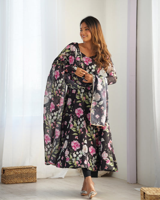 Black Organza Printed Silk Anarkali Suit