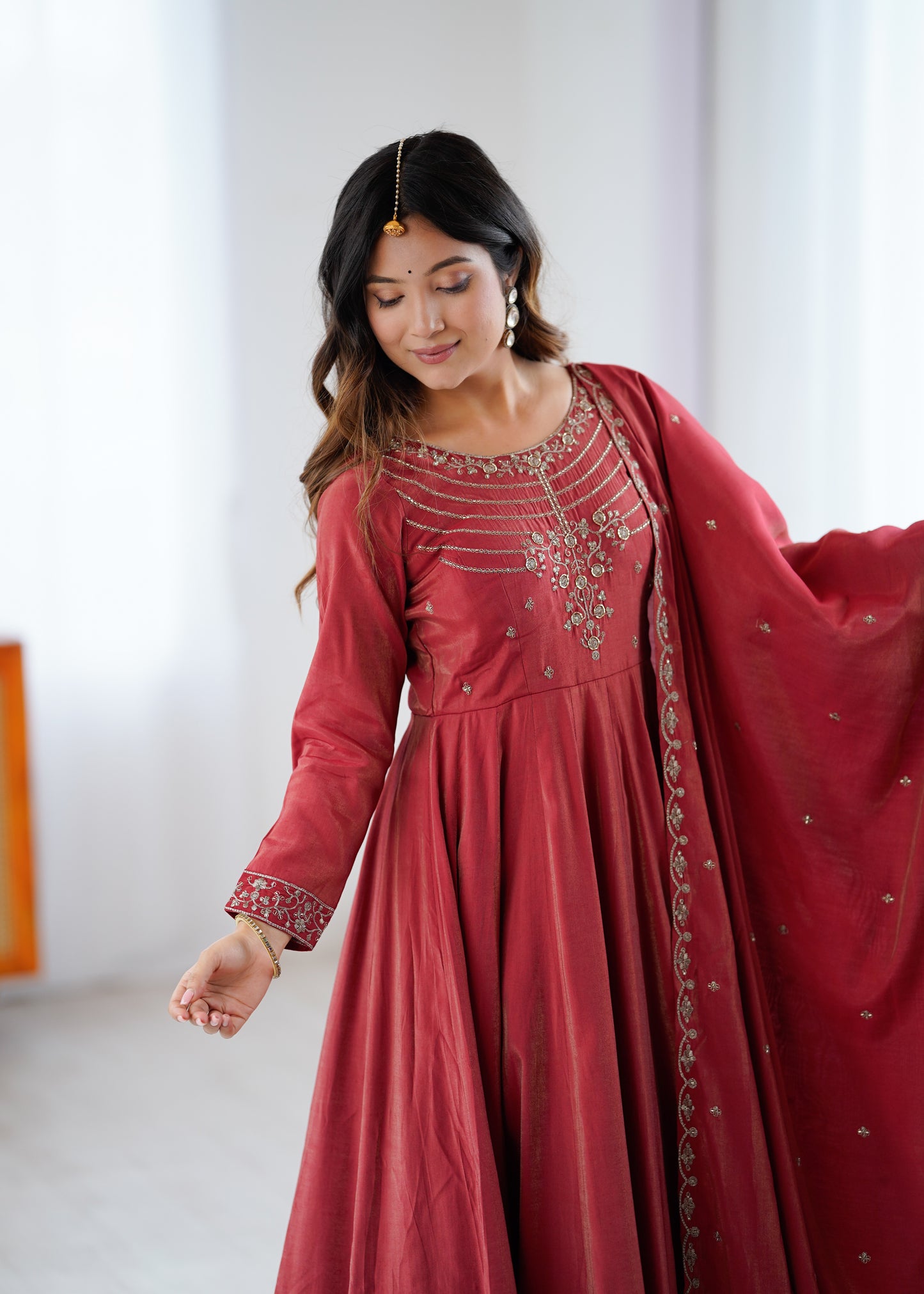 maroon chanderi silk embroidery anarkali suit