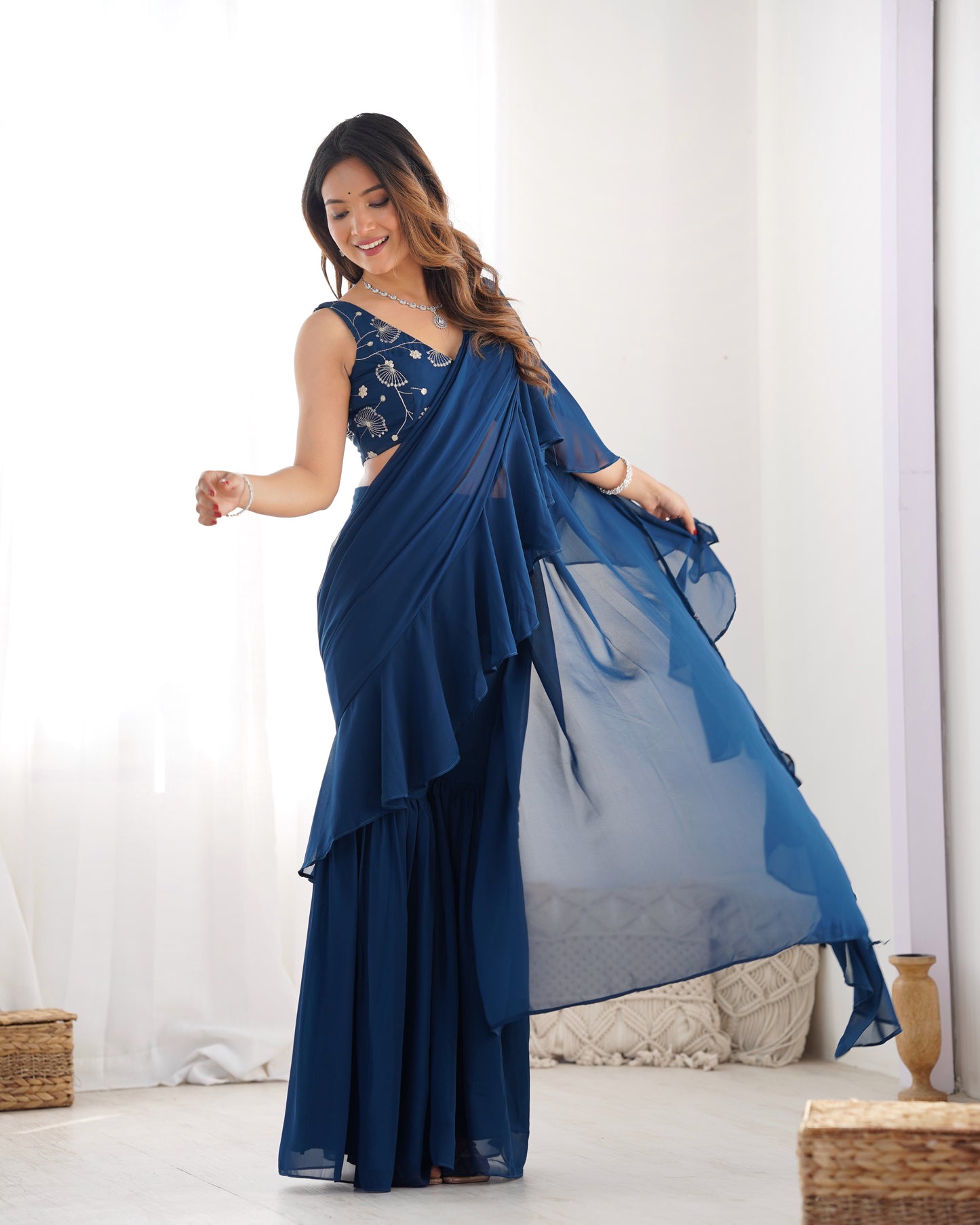 Teal Blue Georgette Sharara Saree