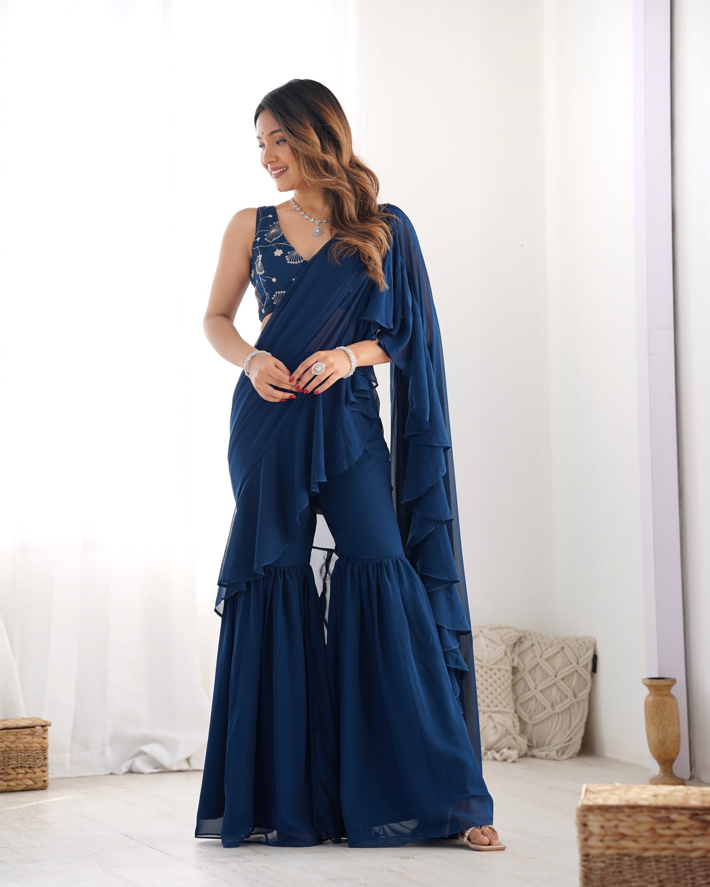 Teal Blue Georgette Sharara Saree