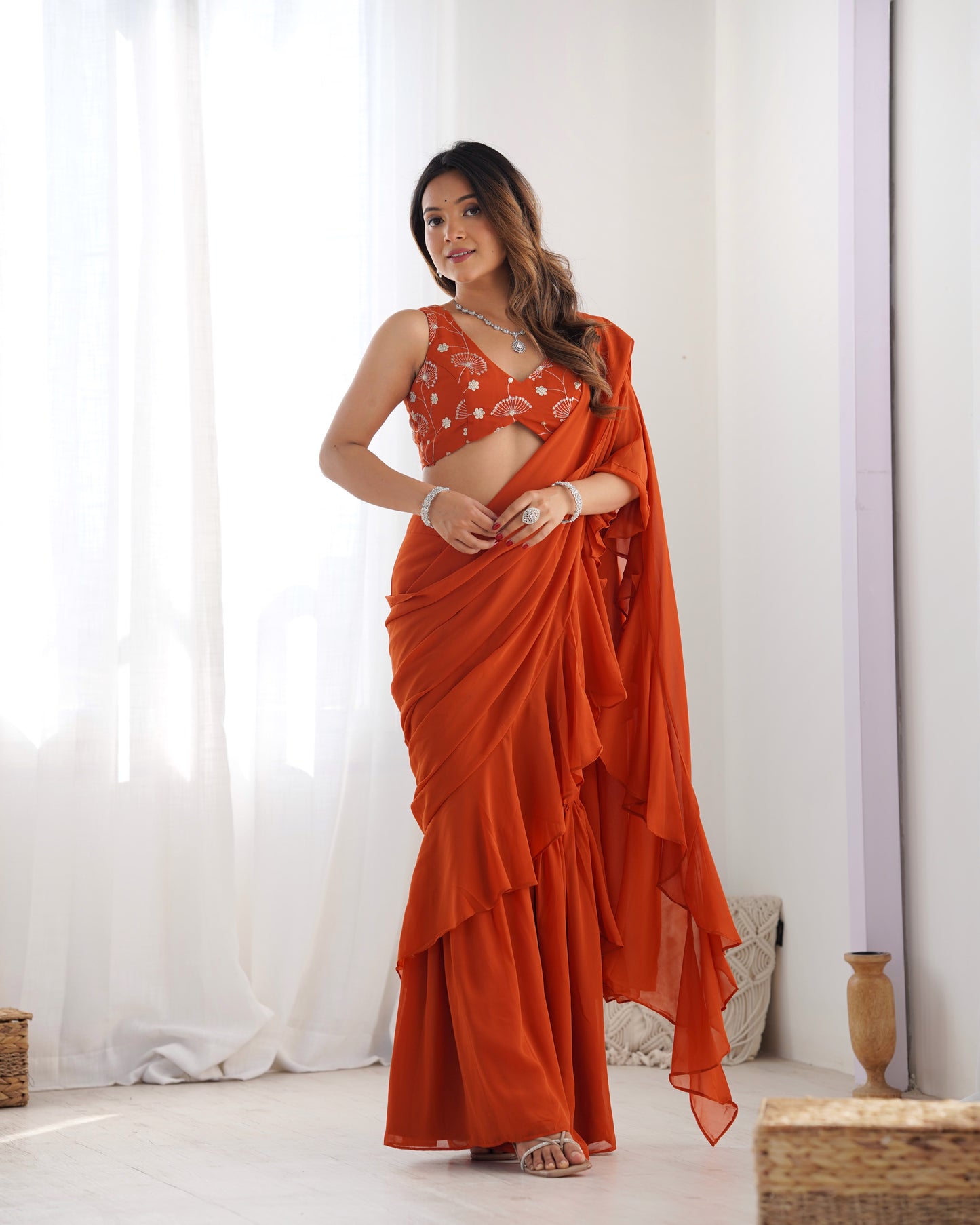 Orange Rust Georgette Sharara Saree