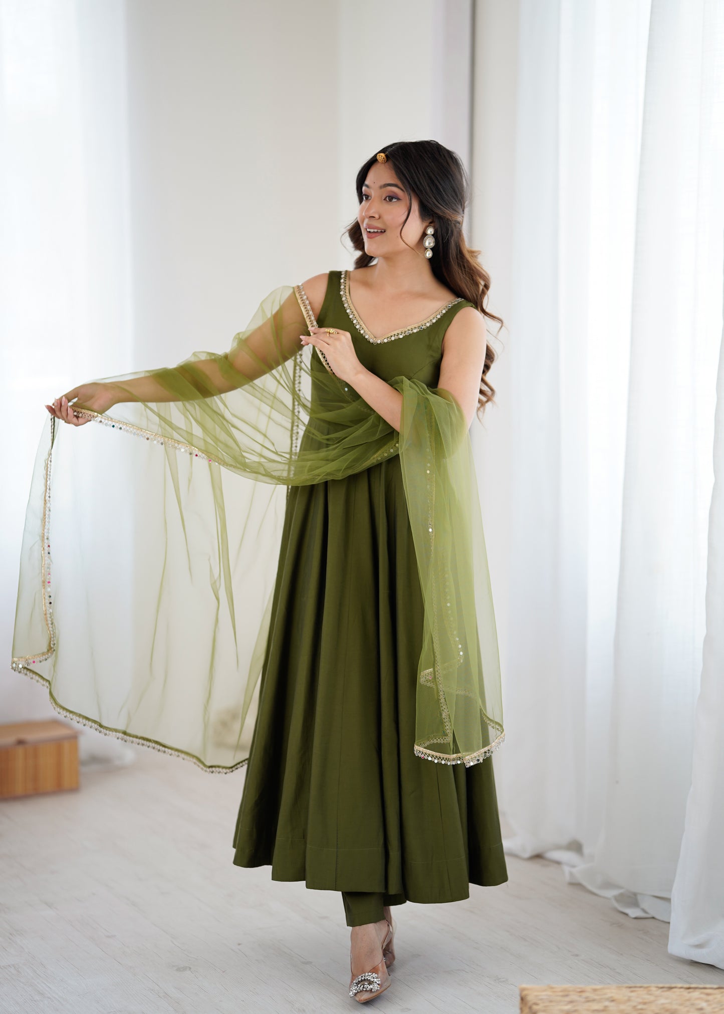 Mehendi Roman Silk Chanderi Solid Anarkali Suit Set