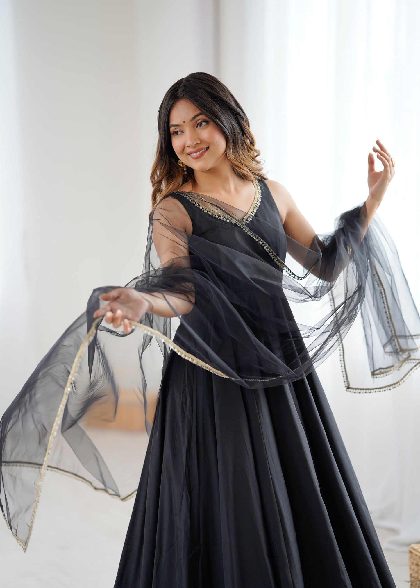 Black Roman Silk Chanderi Solid Anarkali Suit Set
