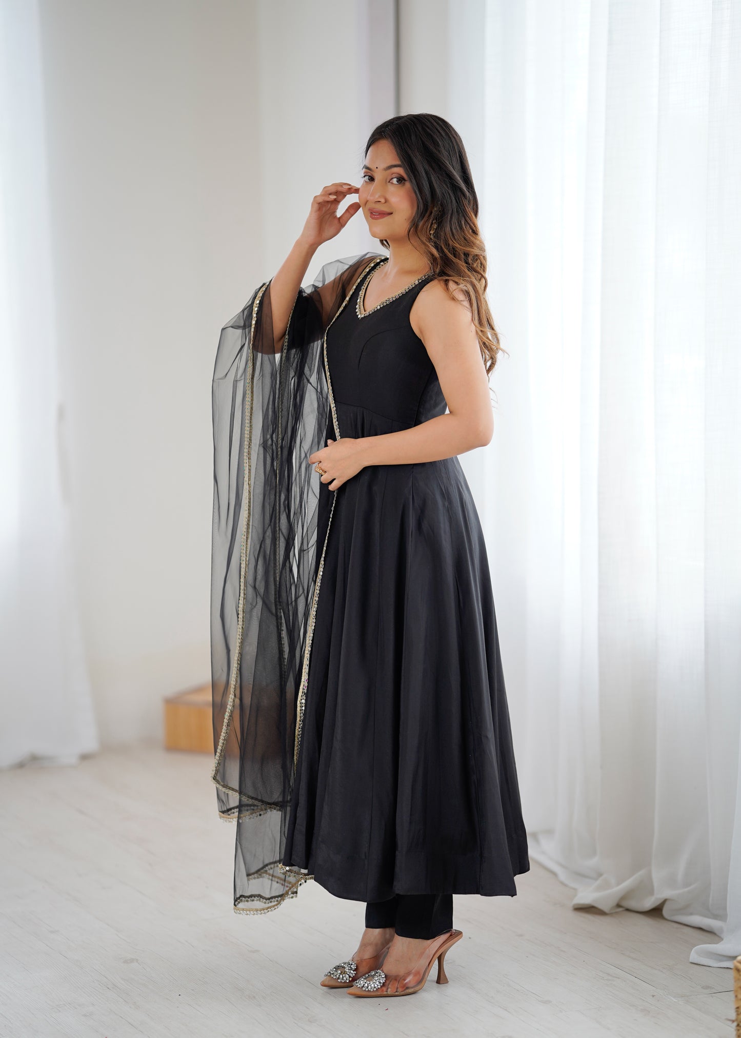 Black Roman Silk Chanderi Solid Anarkali Suit Set