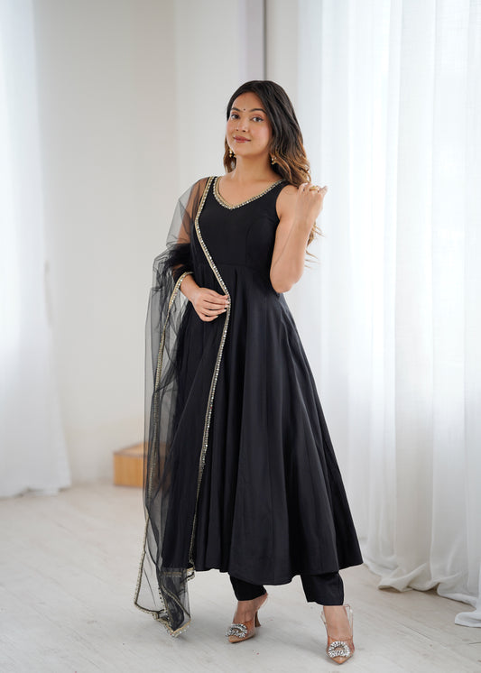 Black Roman Silk Chanderi Solid Anarkali Suit Set