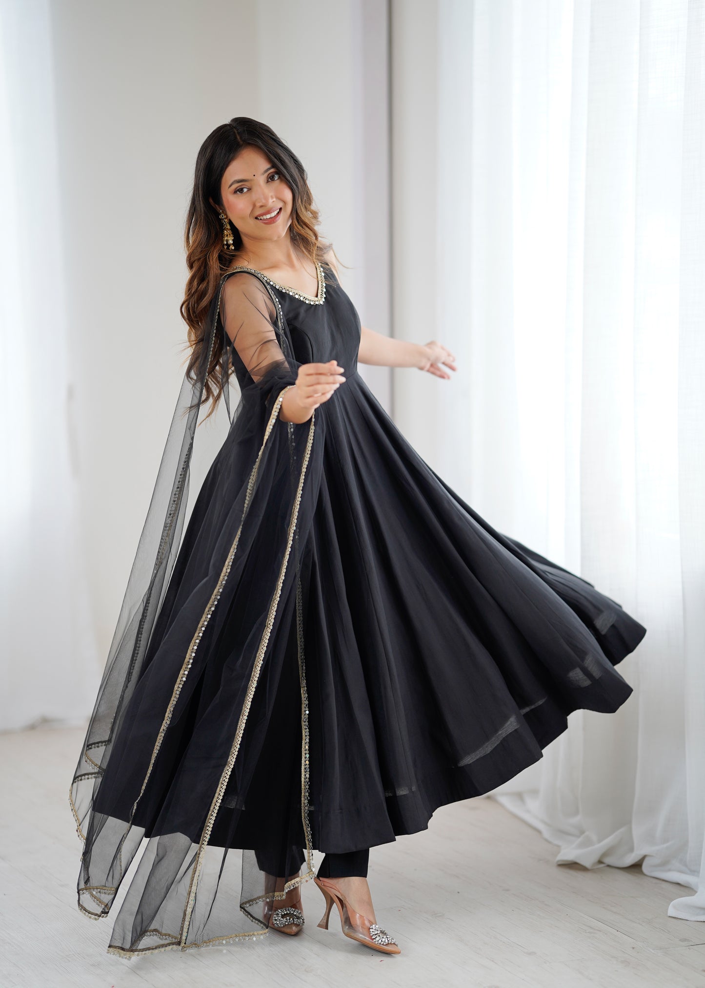 Black Roman Silk Chanderi Solid Anarkali Suit Set
