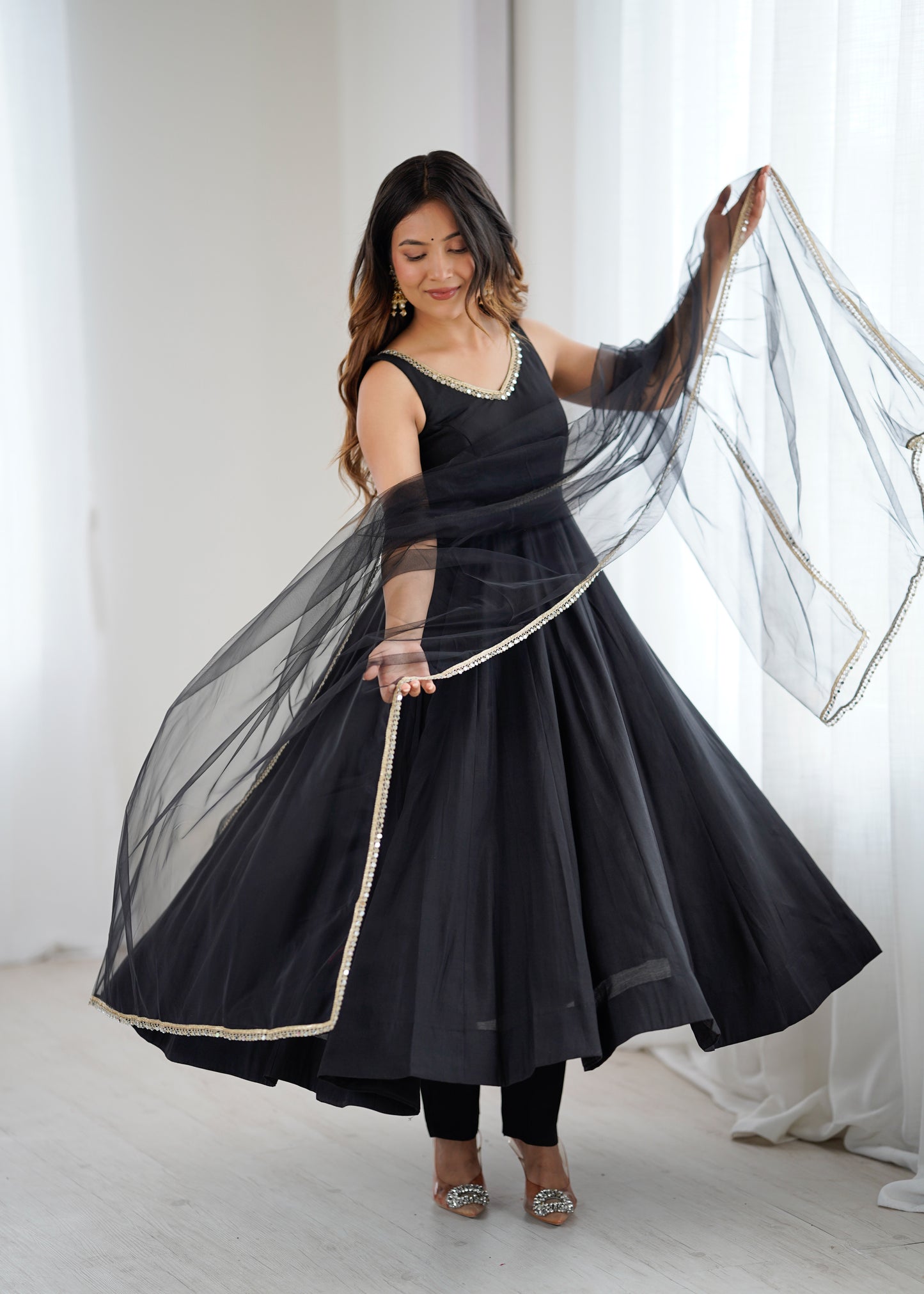 Black Roman Silk Chanderi Solid Anarkali Suit Set
