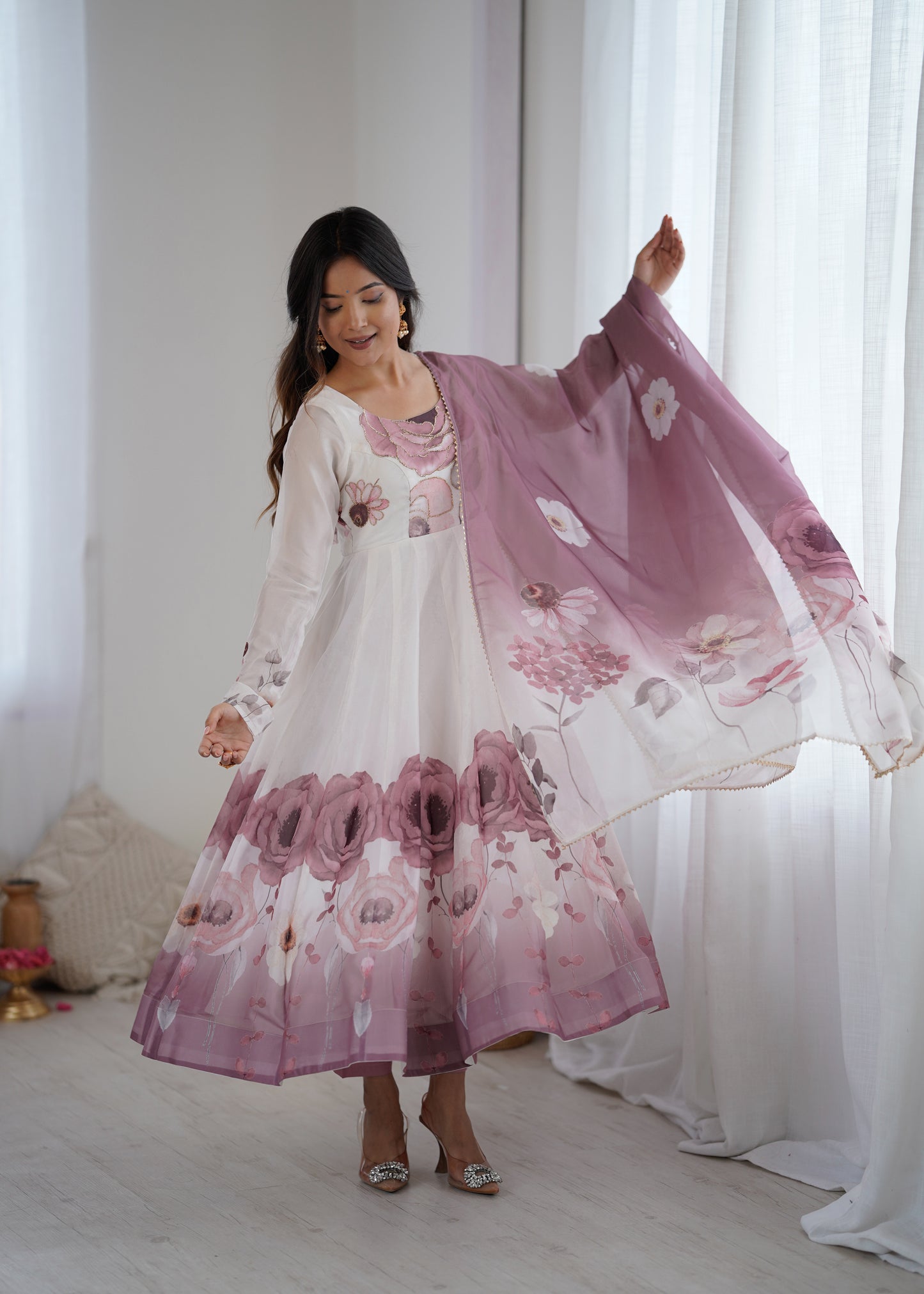 onion pink organja silk printed anarkali suit set