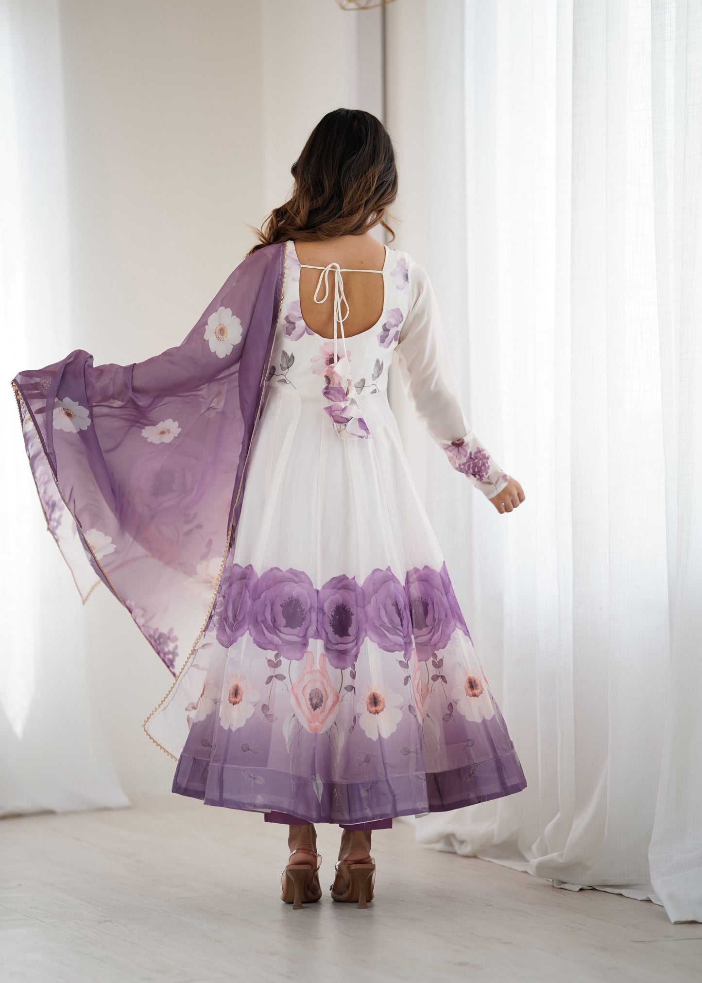 Violet organja silk printed anarkali suit set