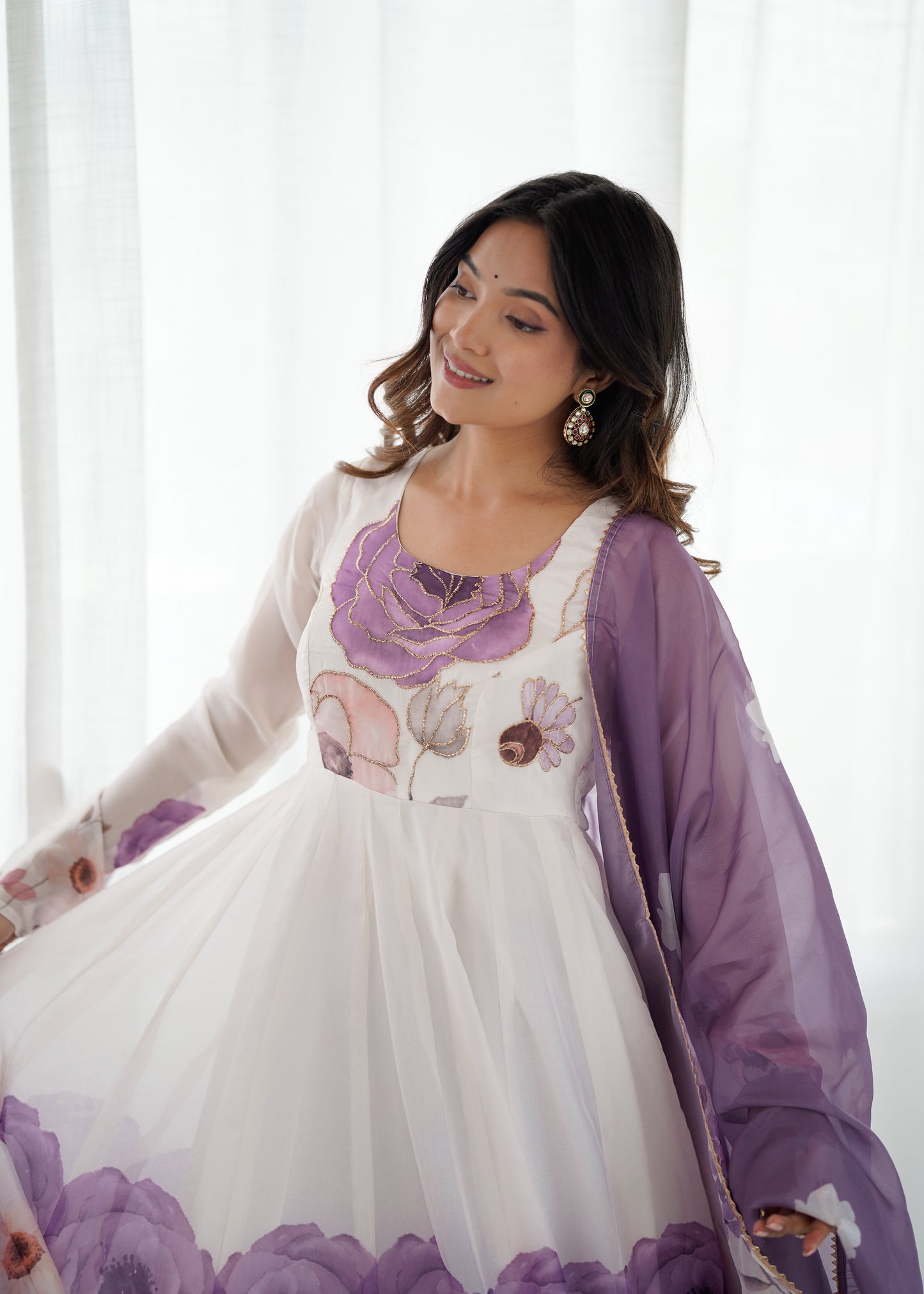 Violet organja silk printed anarkali suit set