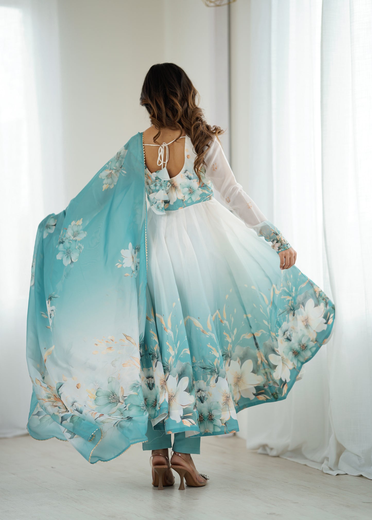 Blue organja silk printed anarkali suit set
