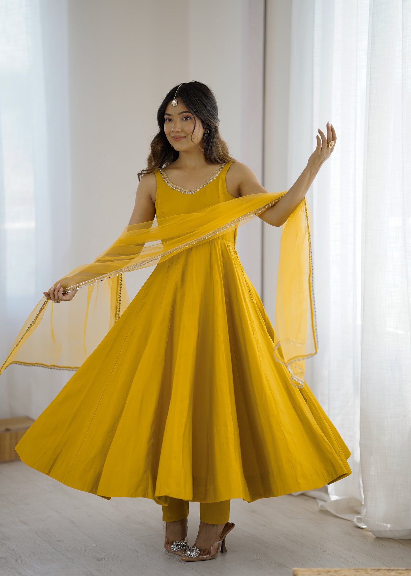 Yellow Roman Silk Chanderi Solid Anarkali Suit Set