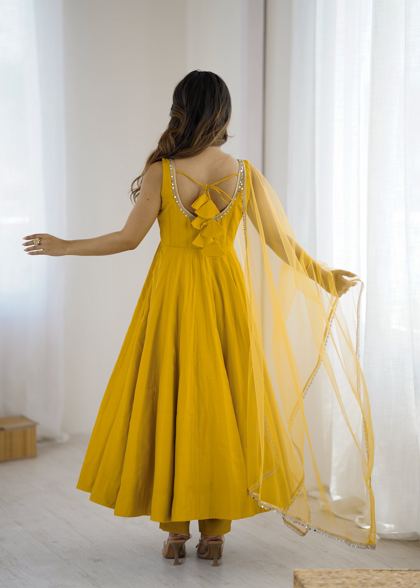 Yellow Roman Silk Chanderi Solid Anarkali Suit Set