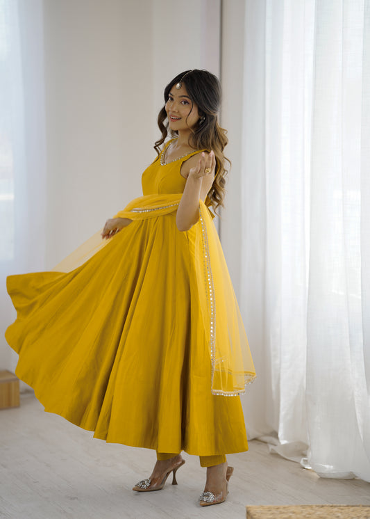 Yellow Roman Silk Chanderi Solid Anarkali Suit Set