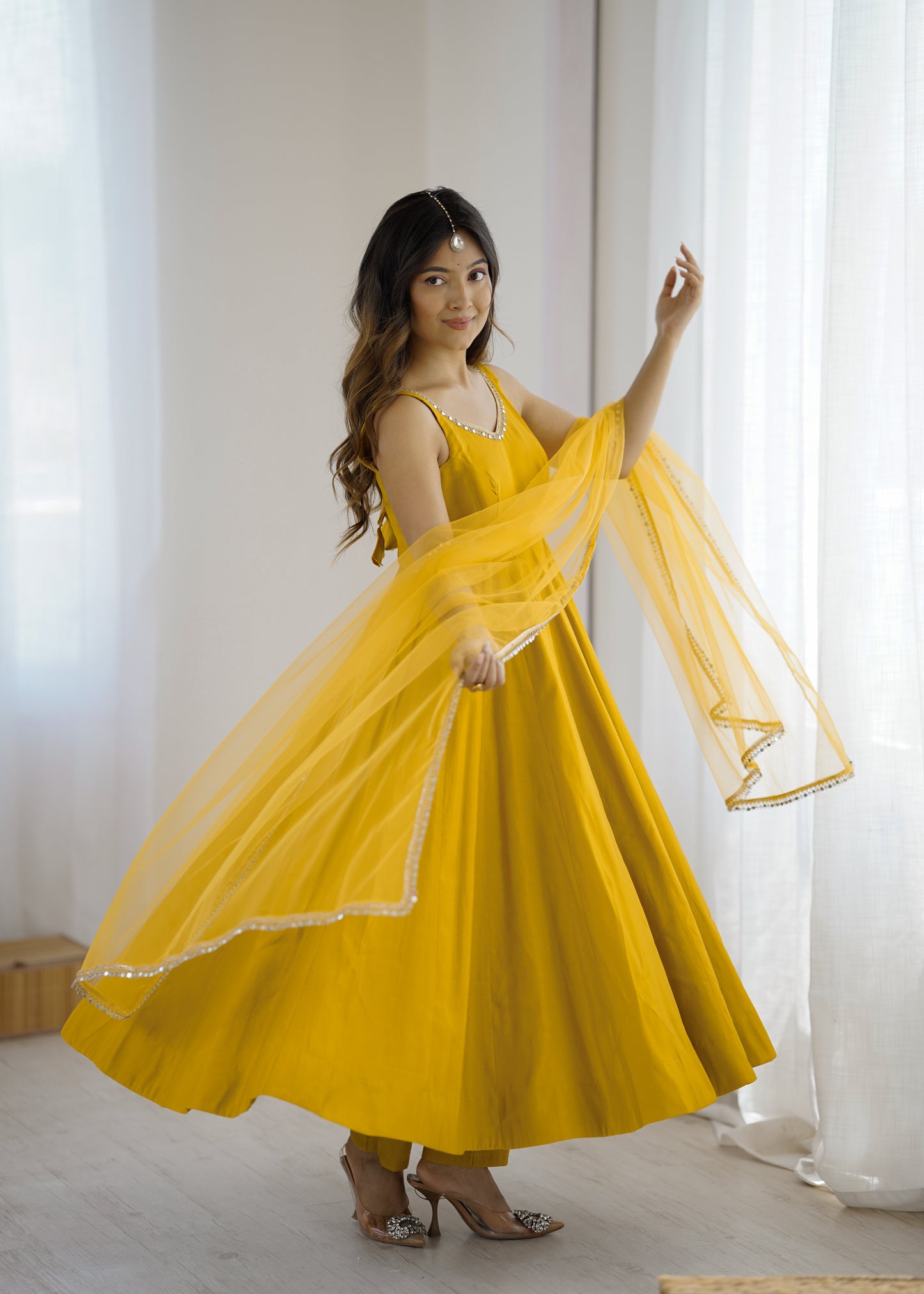 Yellow Roman Silk Chanderi Solid Anarkali Suit Set