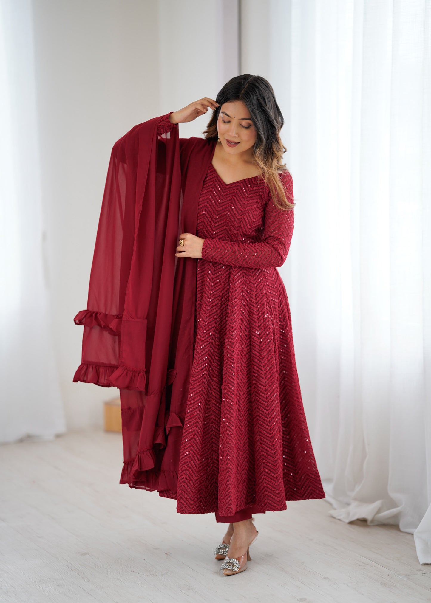 Maroon Lucknowi Work Anarkali Suit Set