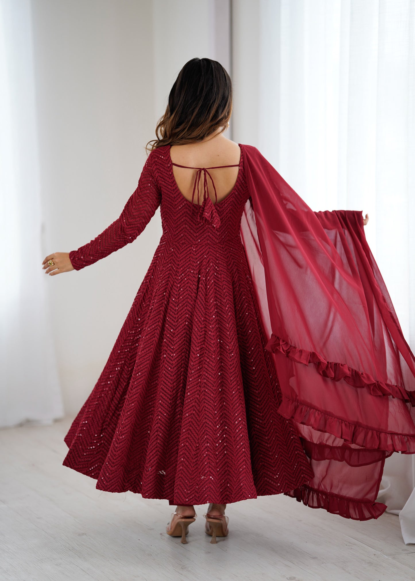 Maroon Lucknowi Work Anarkali Suit Set