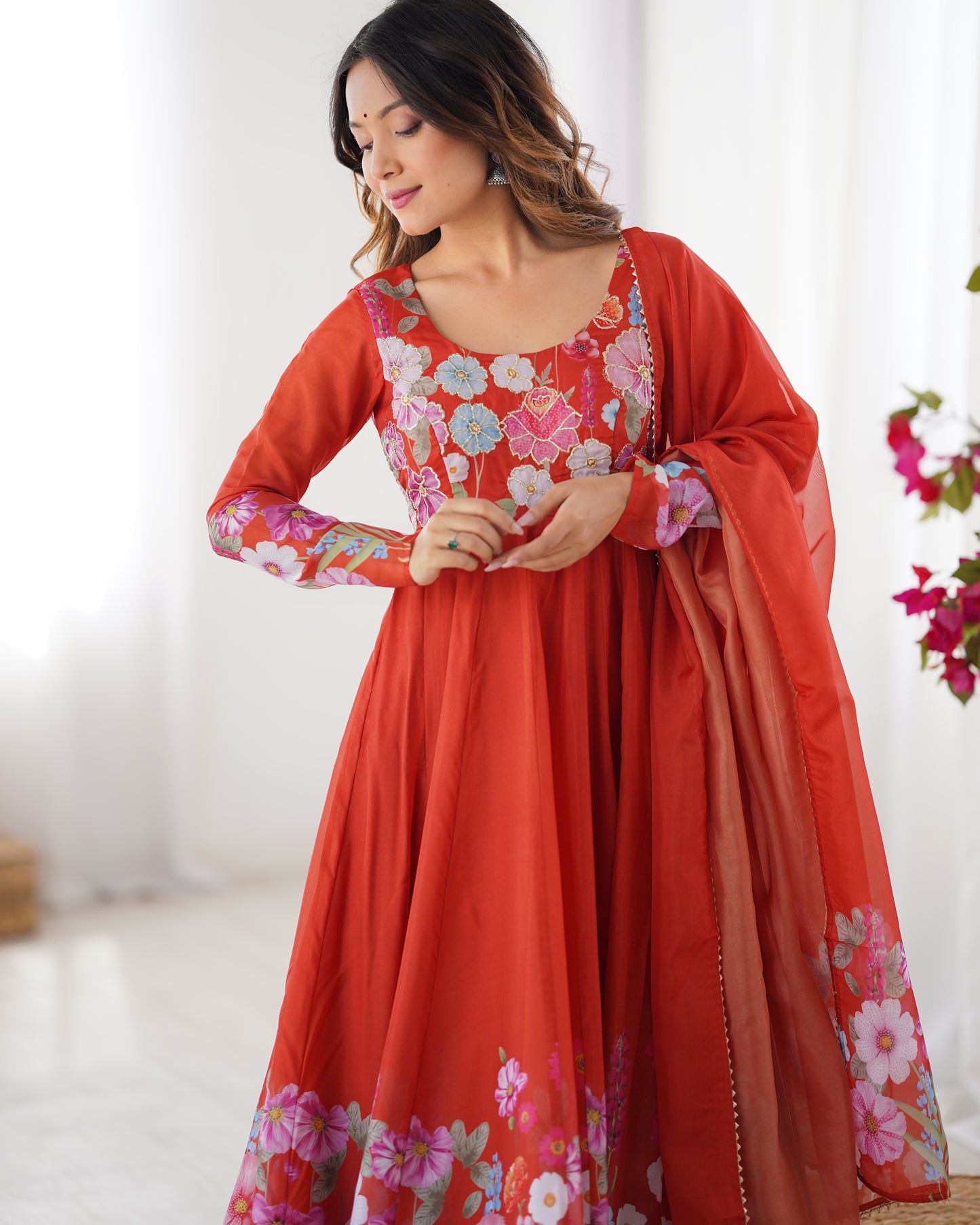 Orange Organza Anarkali Suit With Dupatta