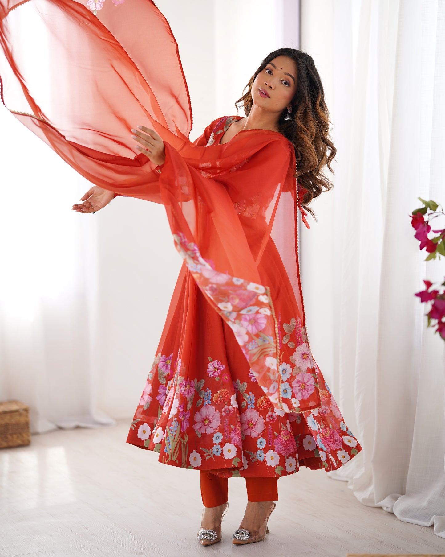 Orange Organza Anarkali Suit With Dupatta