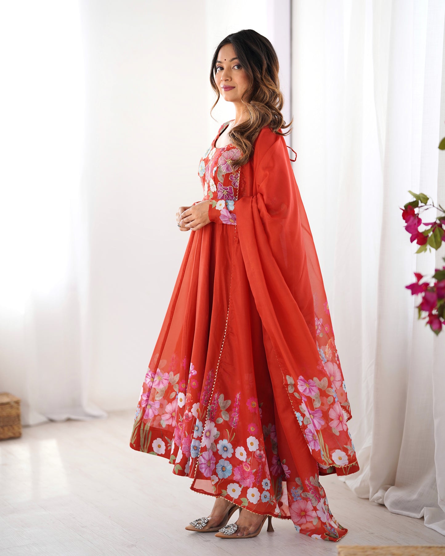 Orange Organza Anarkali Suit With Dupatta