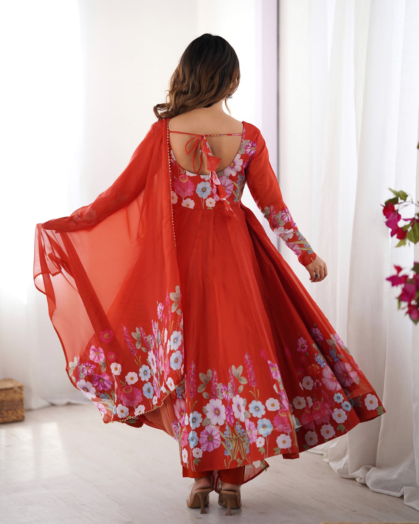 Orange Organza Anarkali Suit With Dupatta