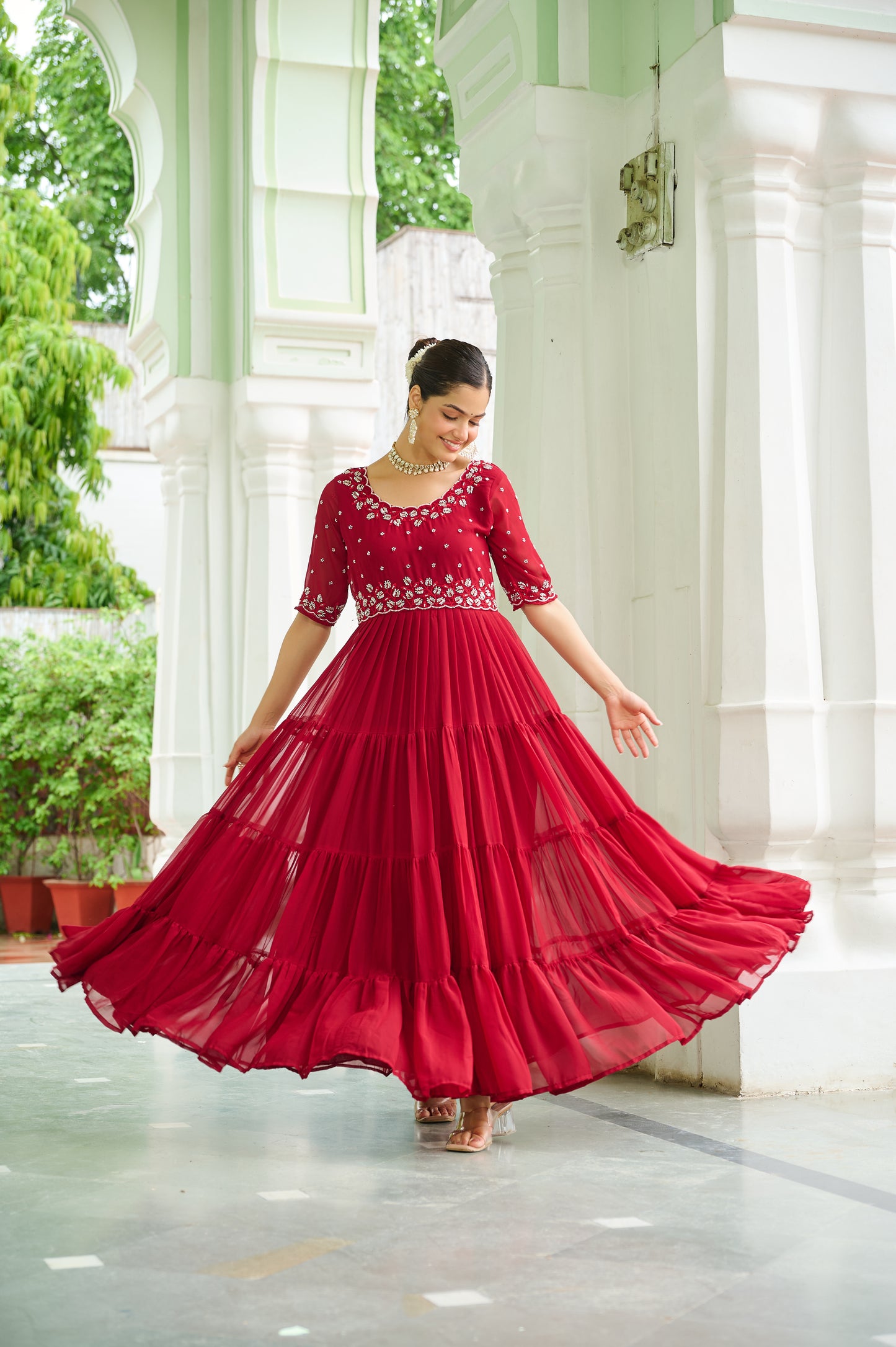 Maroon Embroidery Georgette Gown Dress