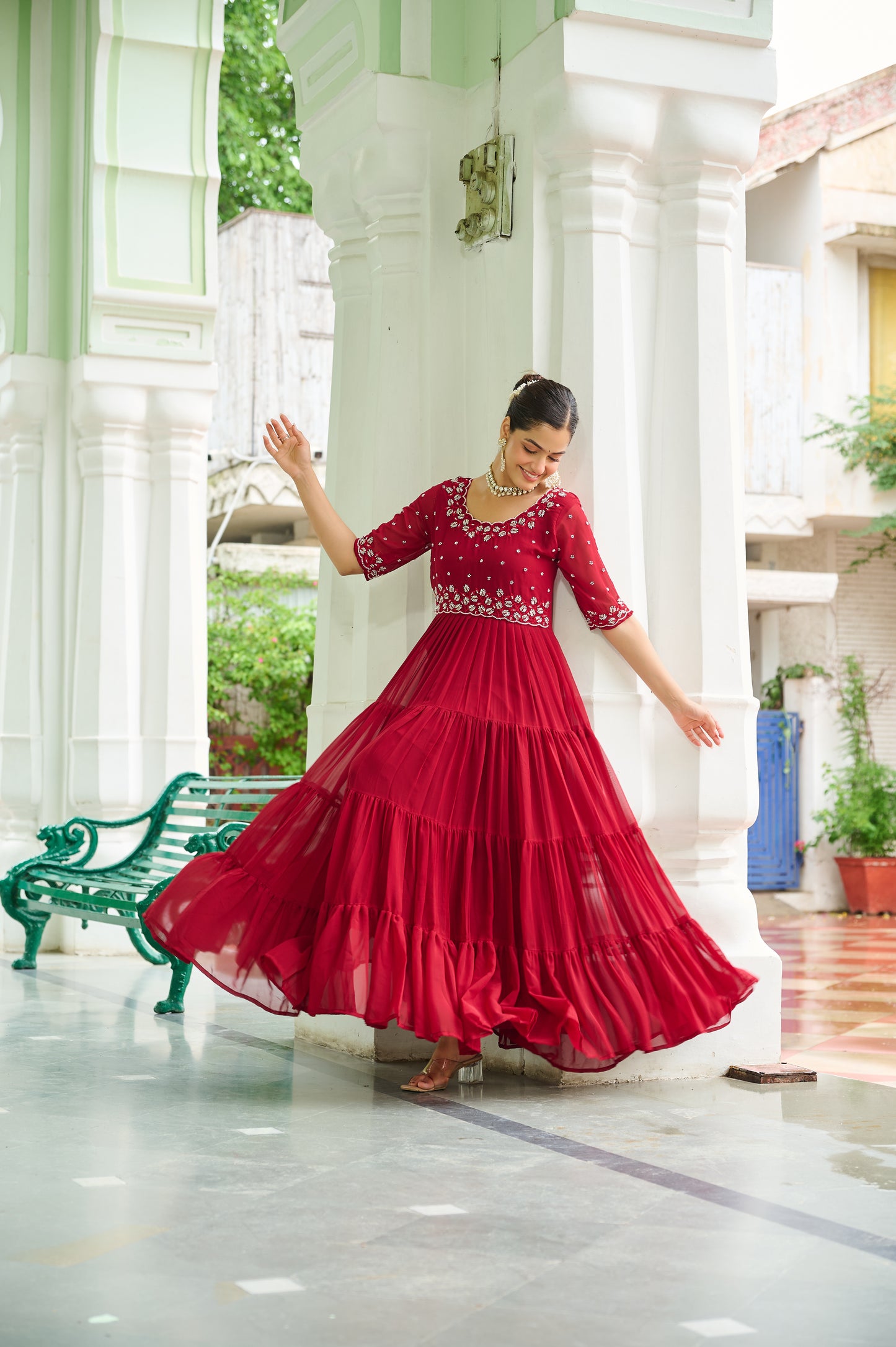 Maroon Embroidery Georgette Gown Dress