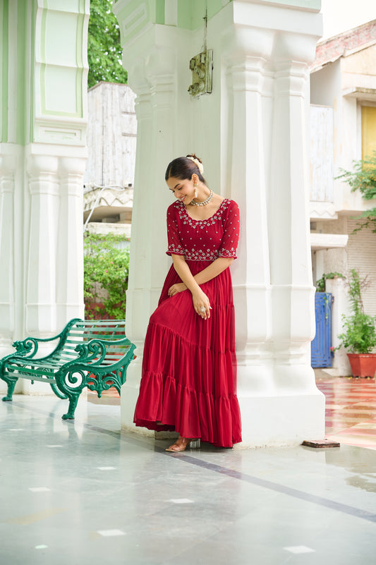Maroon Embroidery Georgette Gown Dress