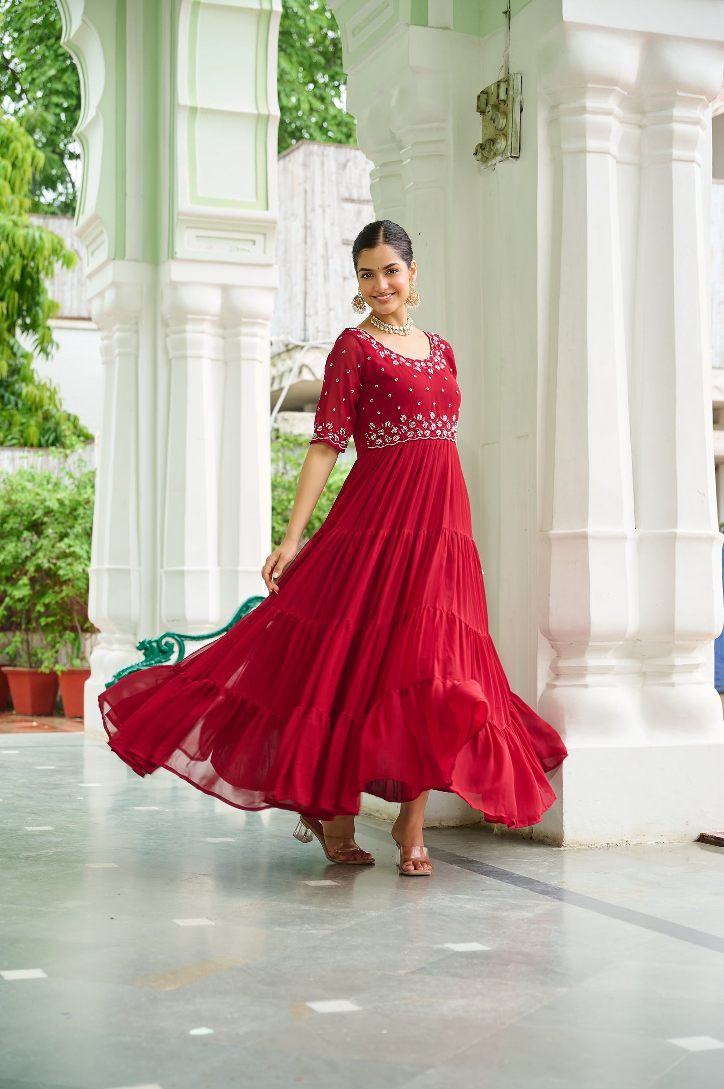 Maroon Embroidery Georgette Gown Dress