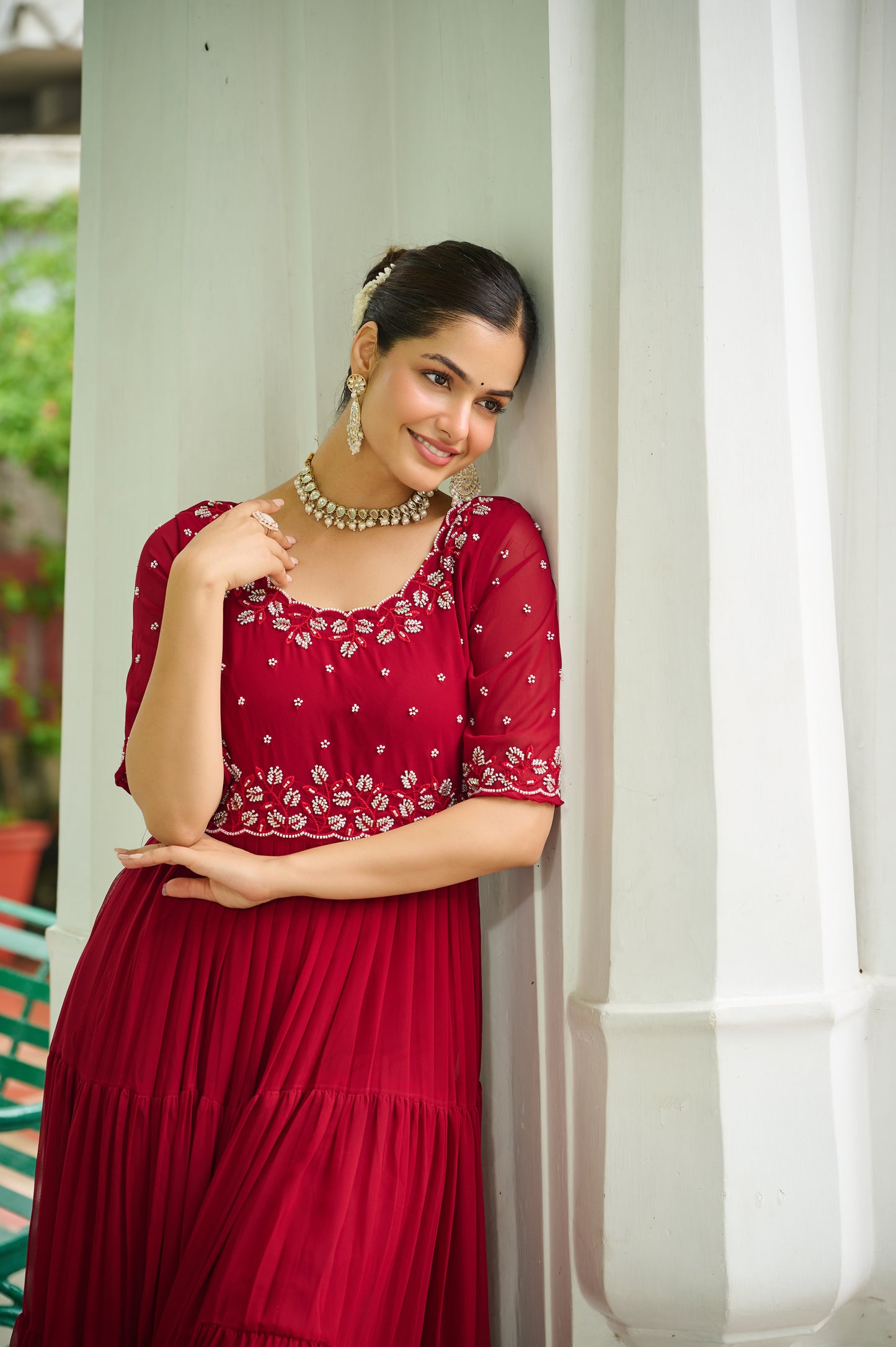 Maroon Embroidery Georgette Gown Dress