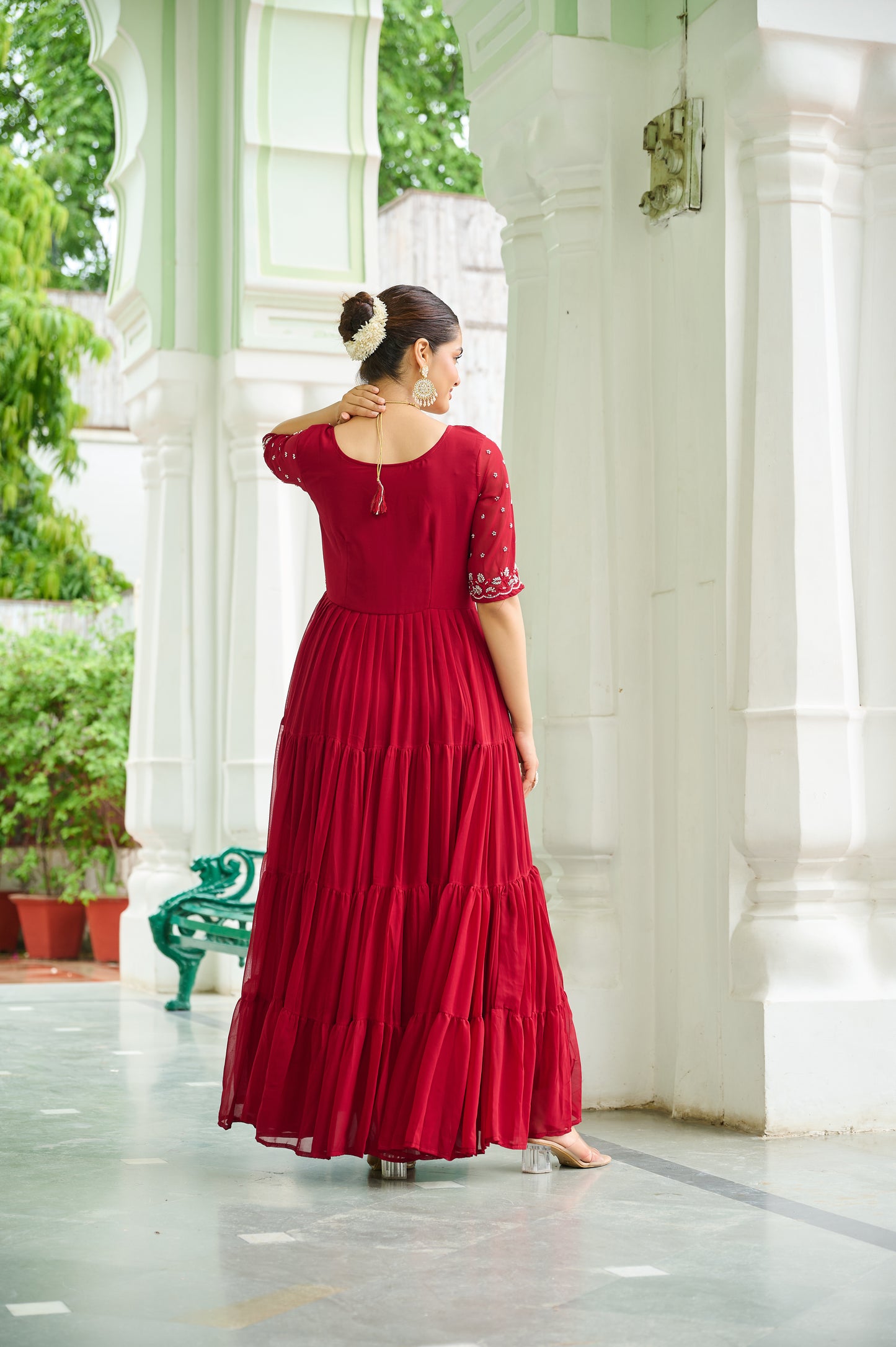 Maroon Embroidery Georgette Gown Dress