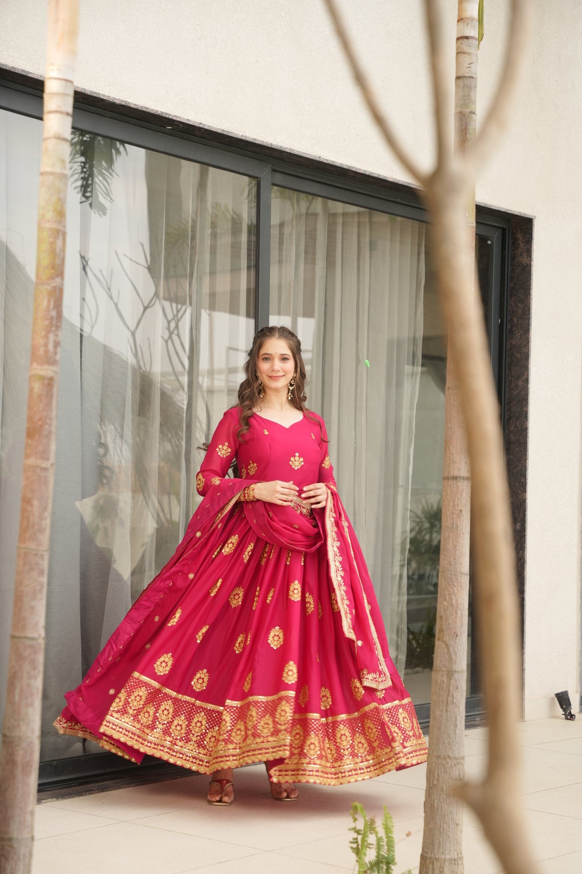 Red Georgette Gown With Dupatta For Wedding