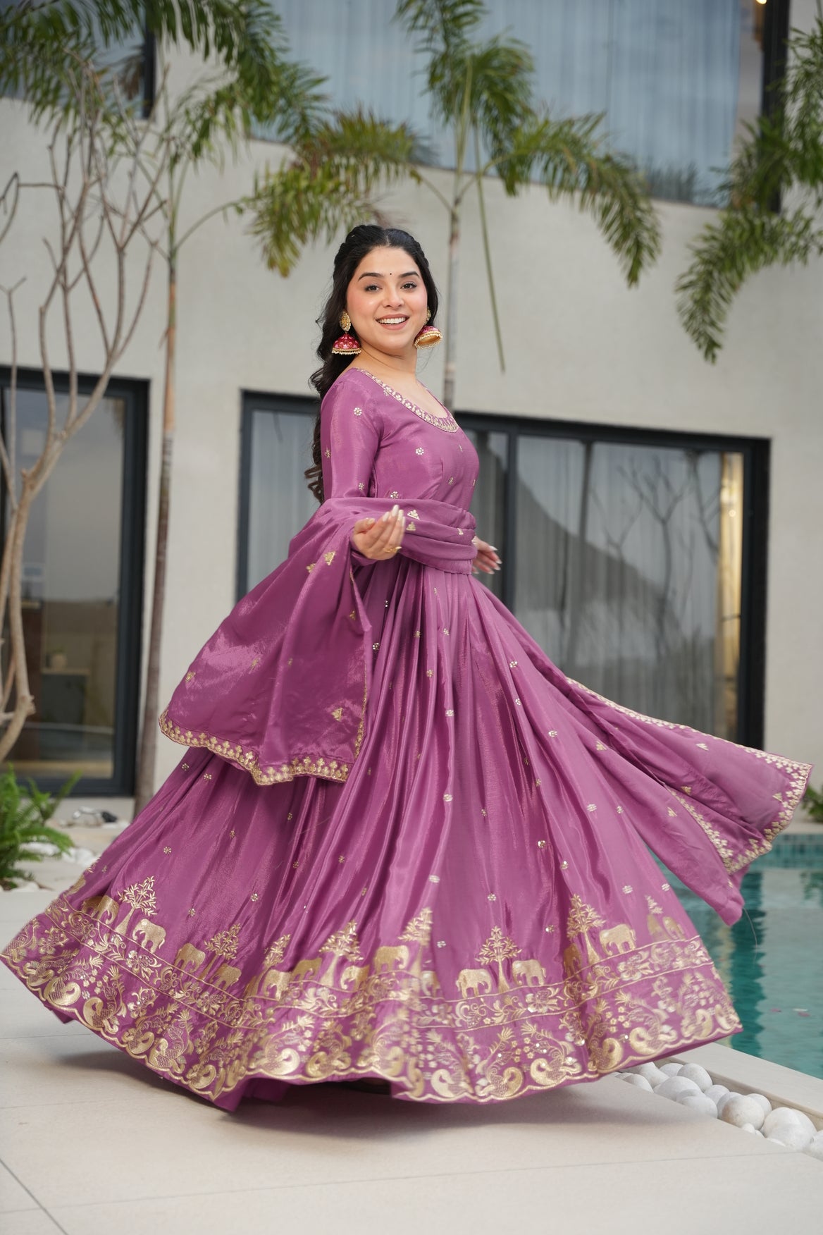 Hot Pink Silk Ethnic Gown With Dupatta