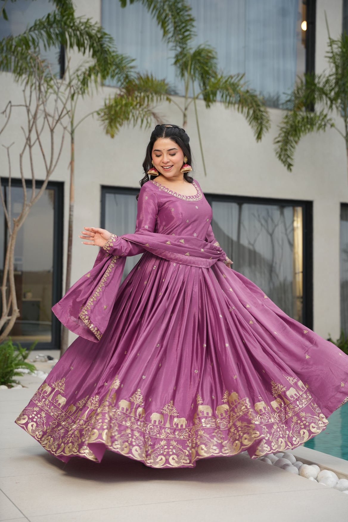 Hot Pink Silk Ethnic Gown With Dupatta