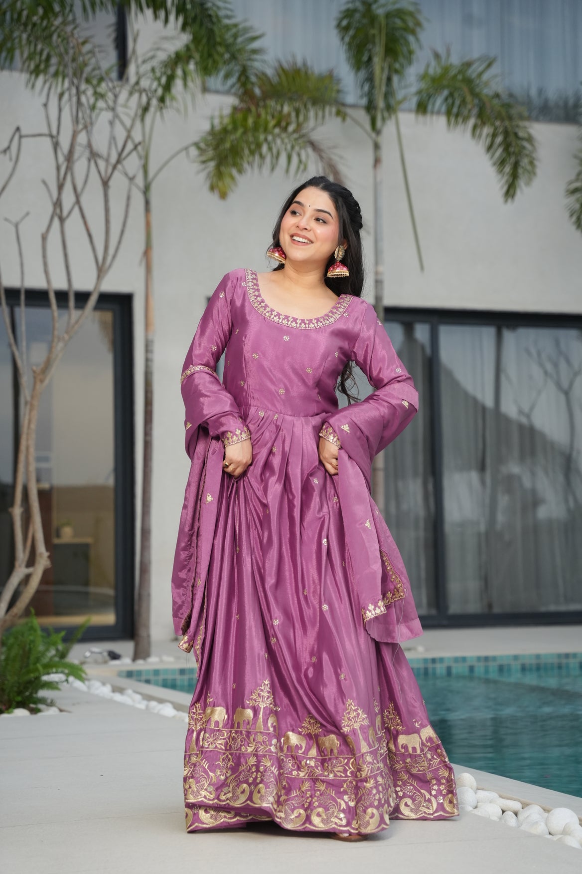 Hot Pink Silk Ethnic Gown With Dupatta