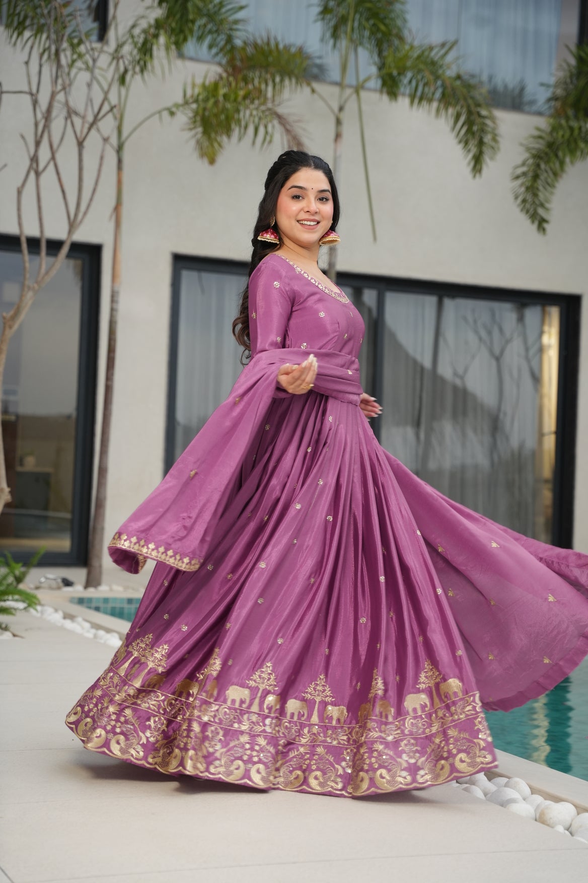 Hot Pink Silk Ethnic Gown With Dupatta