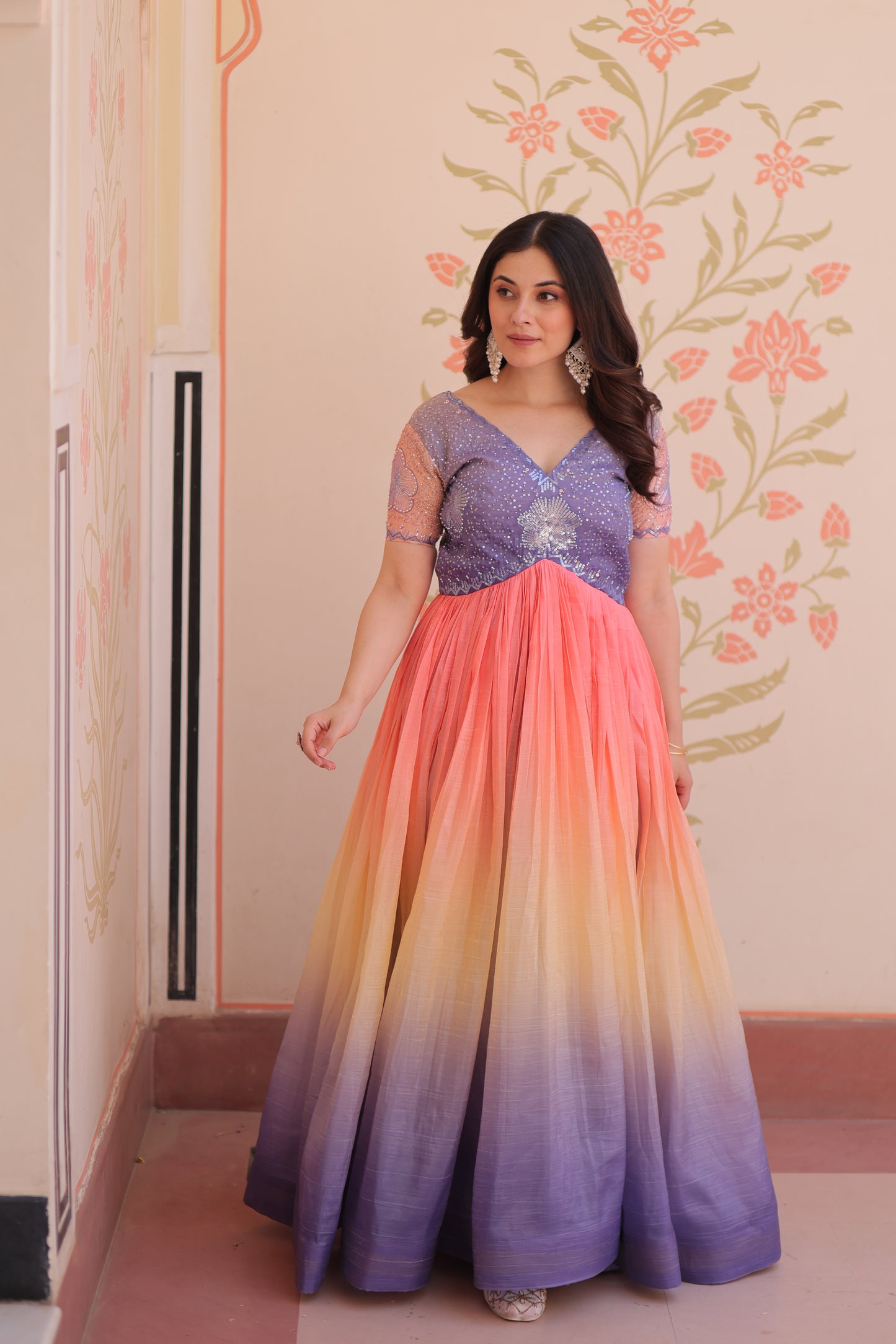 Multicolor Gold Crush Padding Long Dress