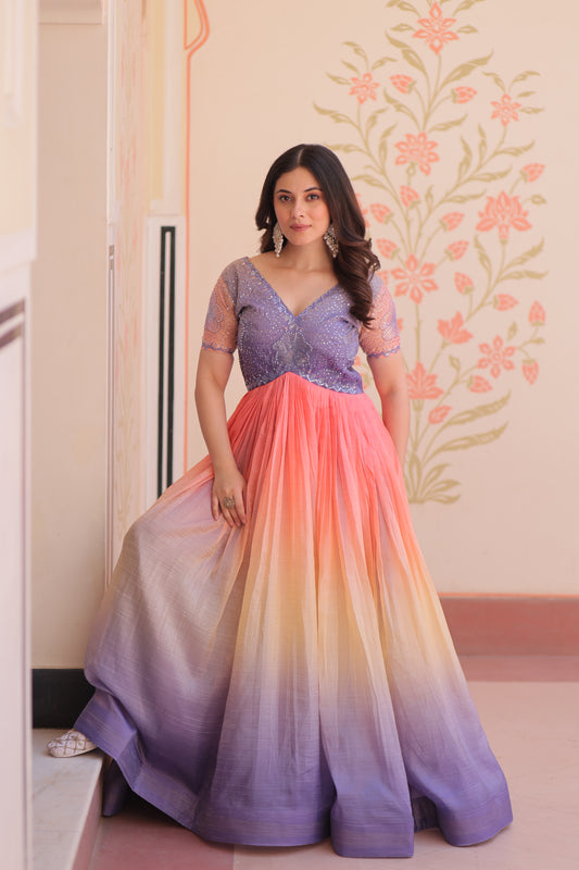 Multicolor Gold Crush Padding Long Dress