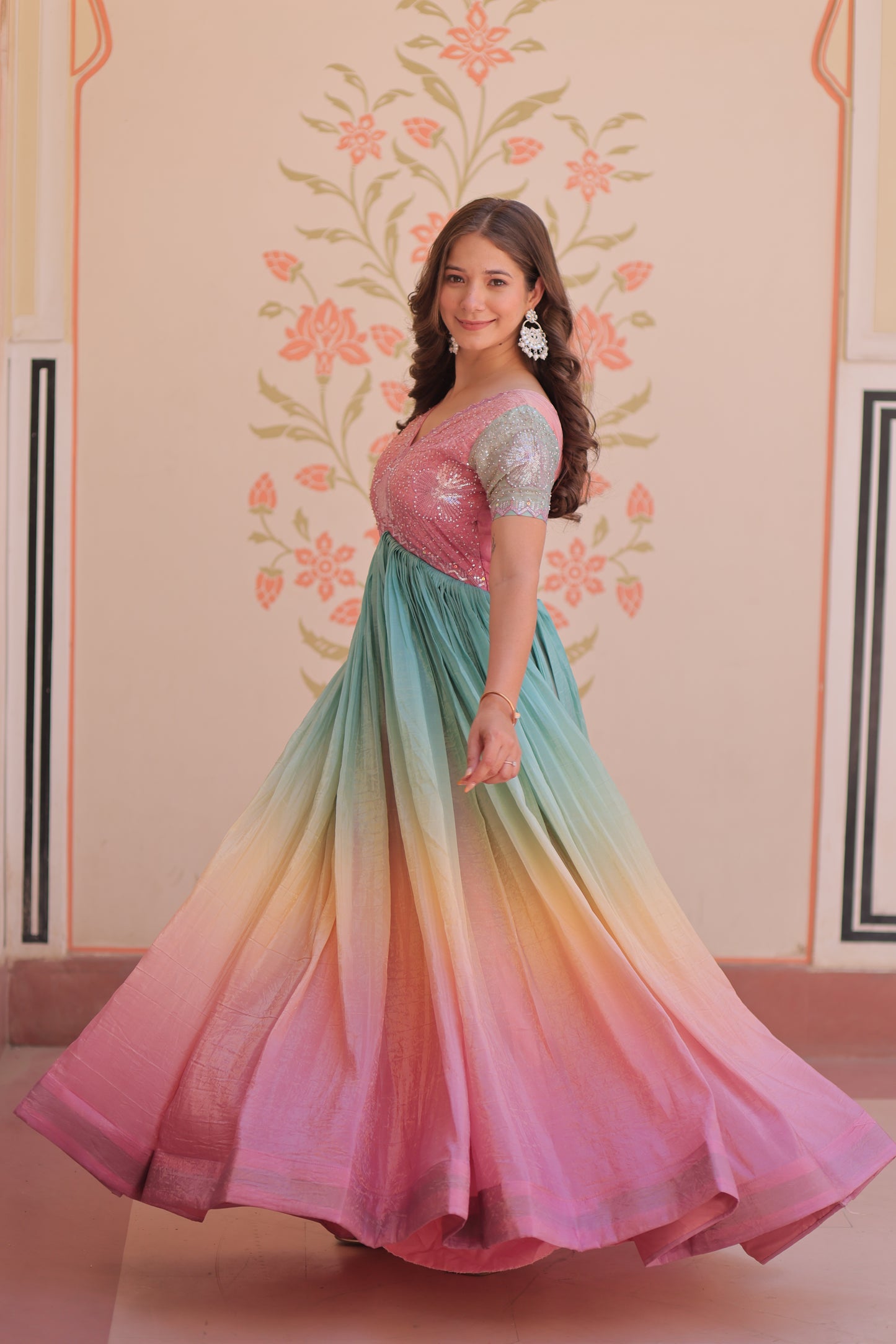 Multicolor Gold Crush Padding Long Dress