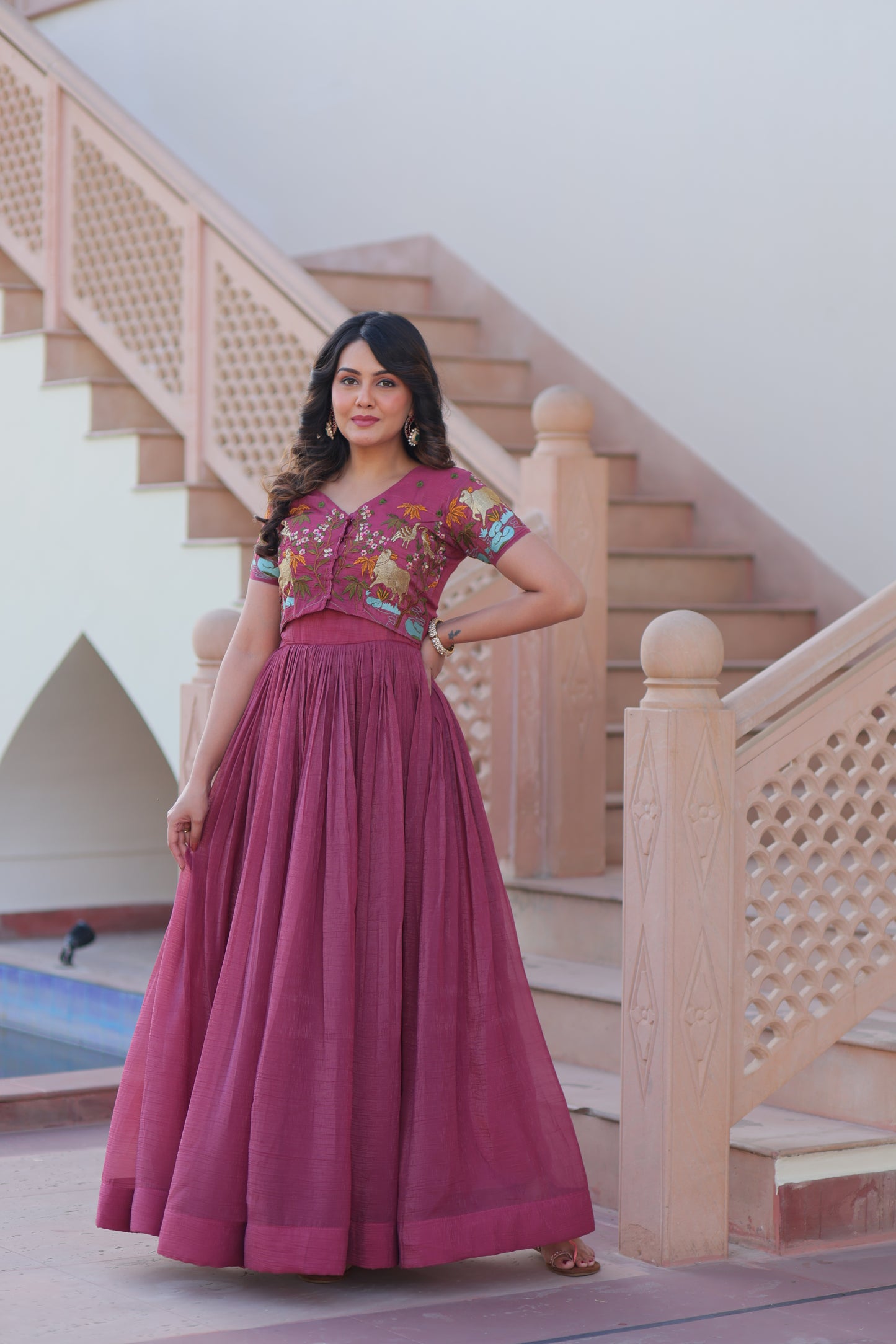 Purple Ethnic Gown With Koti For Women