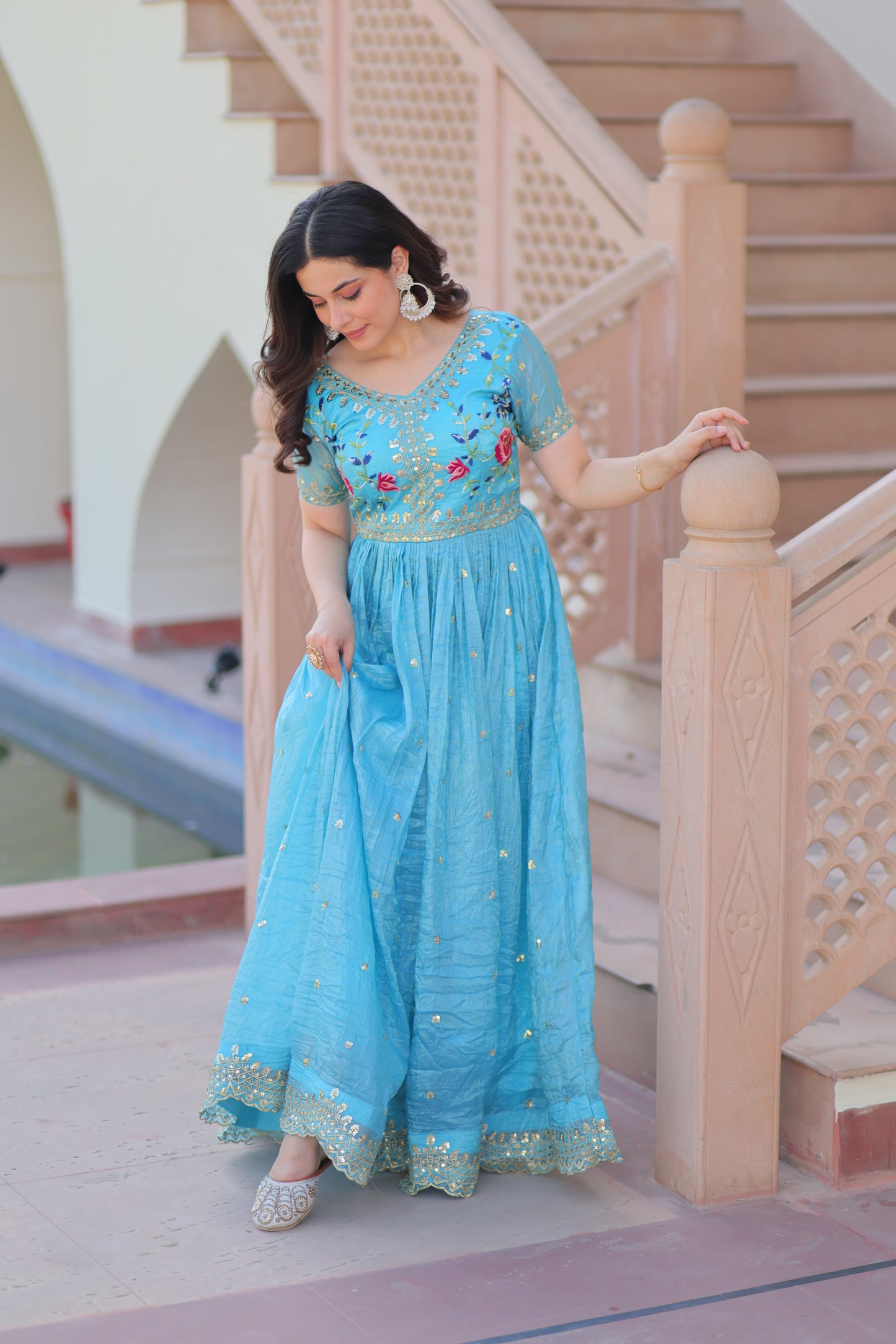 Teal Embroidery Ethnic Dress