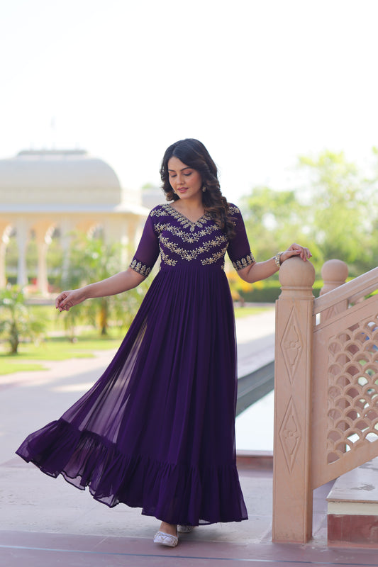 Purple Embroidery Georgette Gown Dress