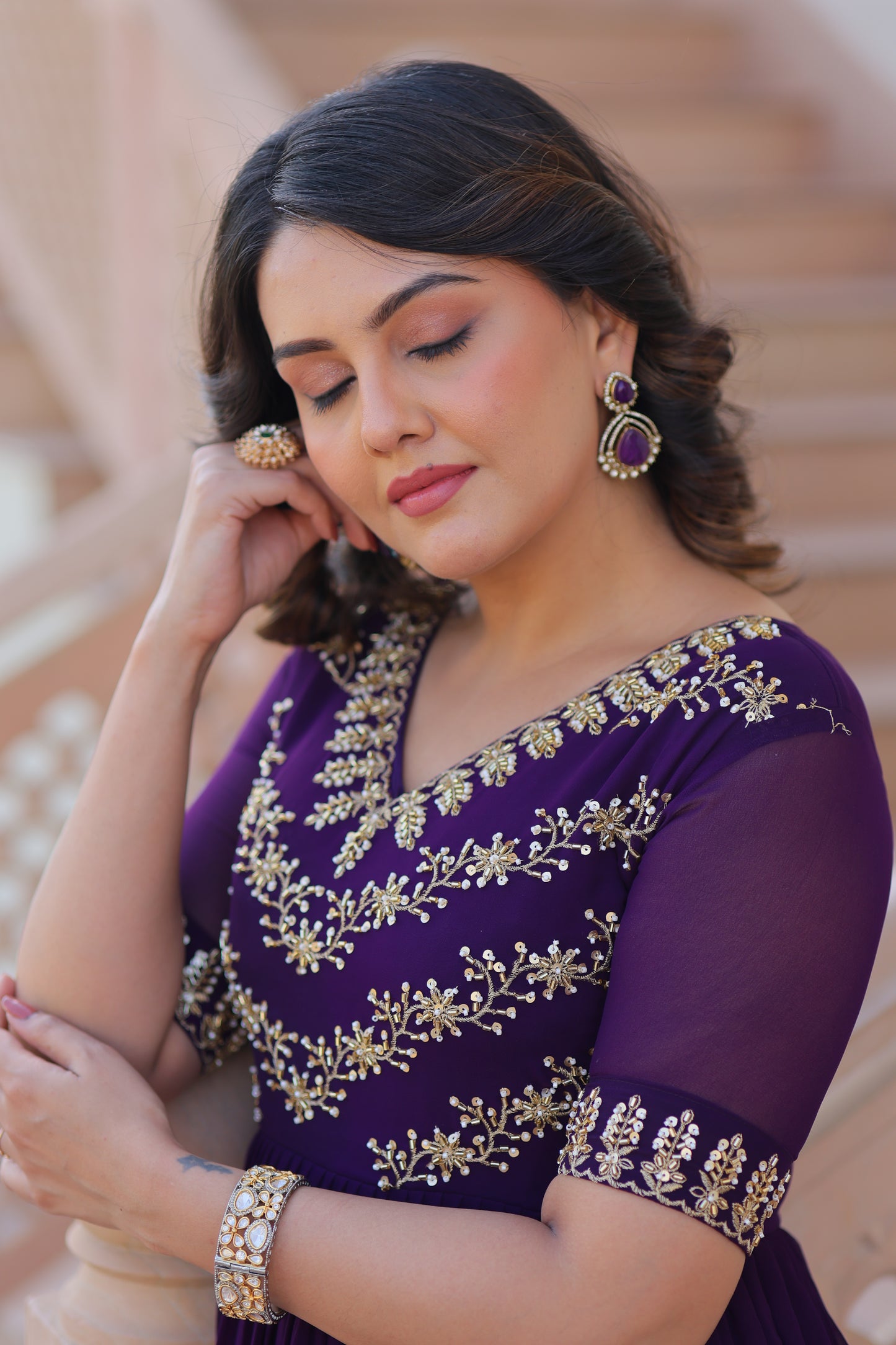 Purple Embroidery Georgette Gown Dress