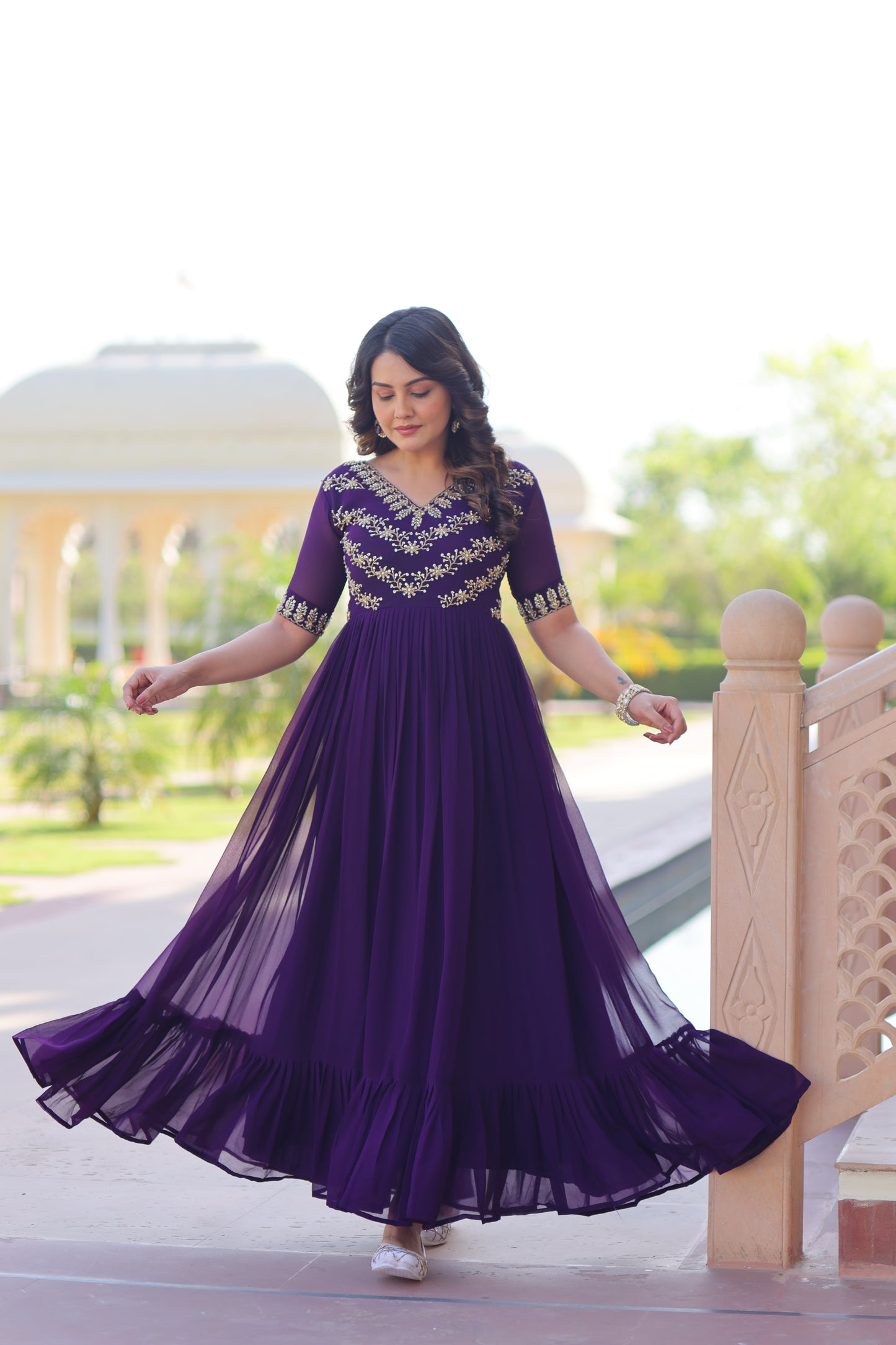 Purple Embroidery Georgette Gown Dress