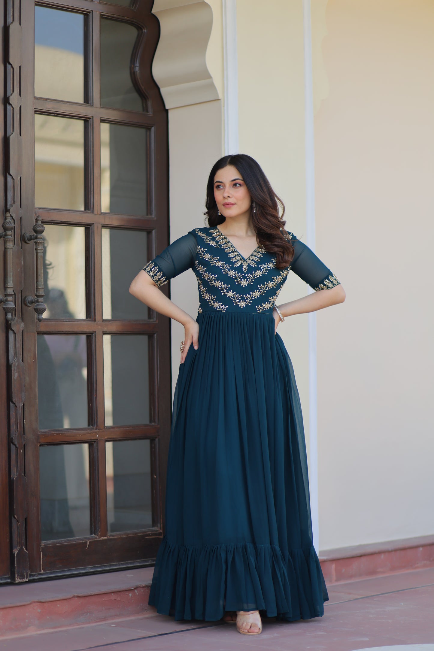 Rama Embroidery Georgette Ethnic Gown