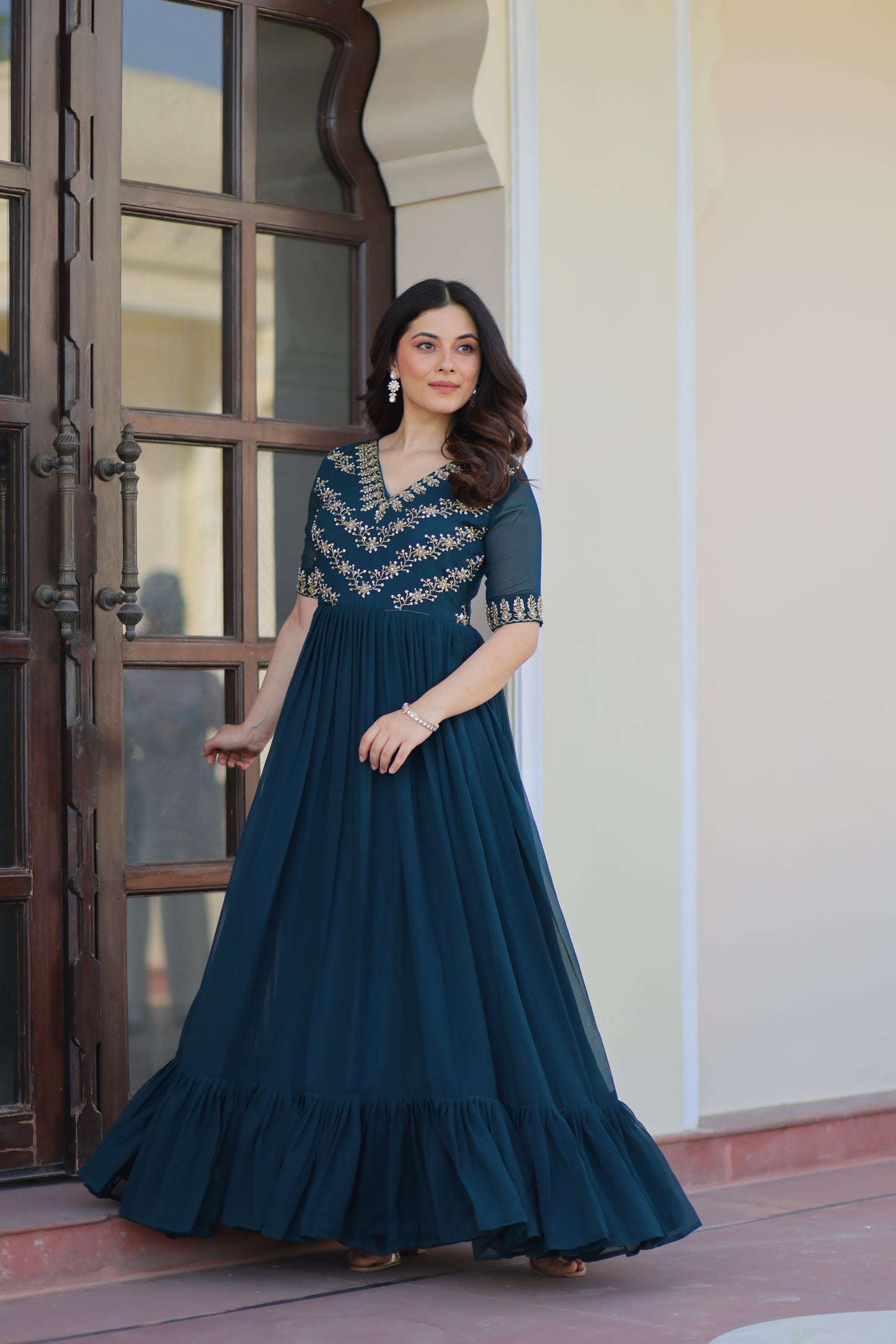 Rama Embroidery Georgette Ethnic Gown