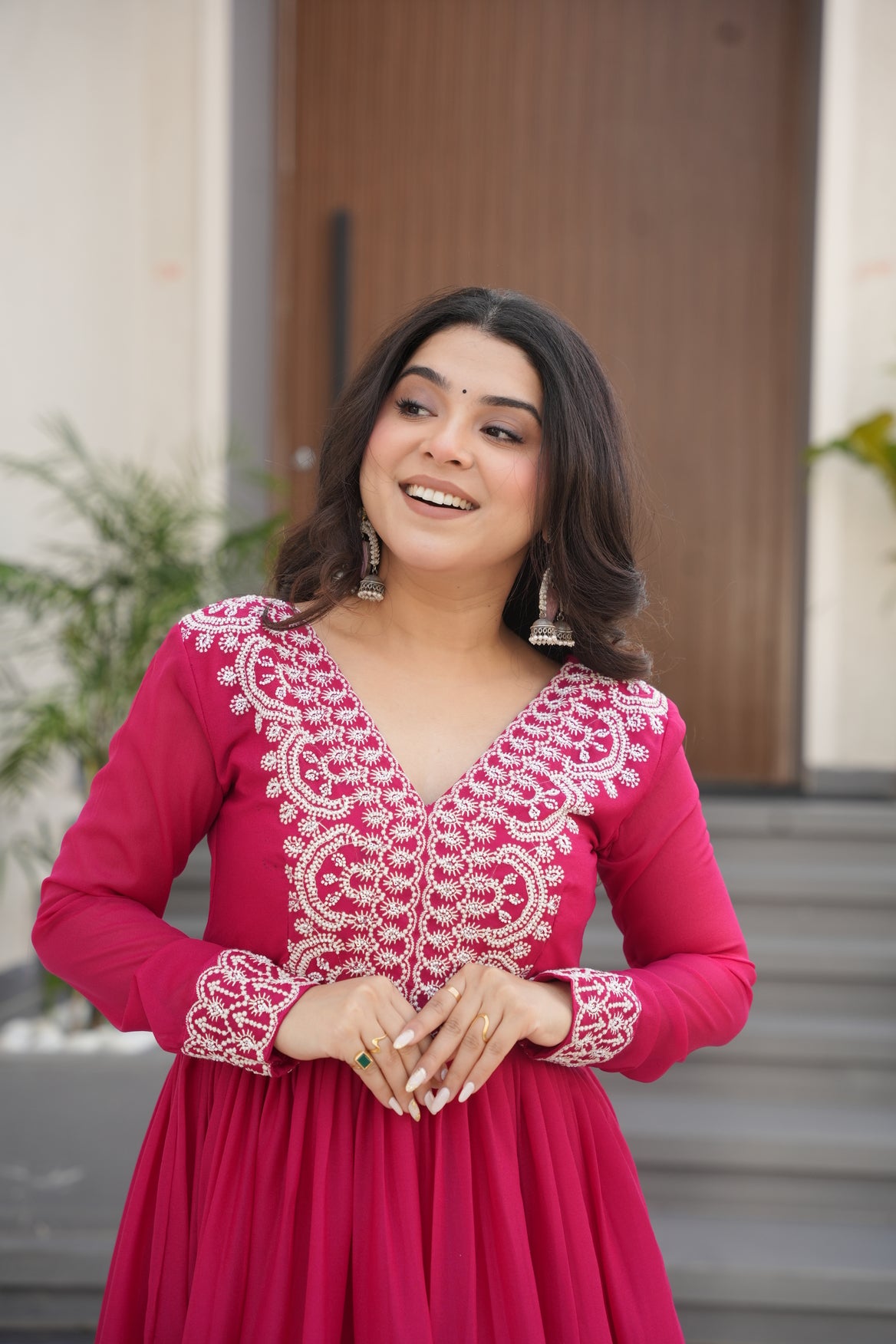 Pink Georgette Double Flair Ethnic Gown