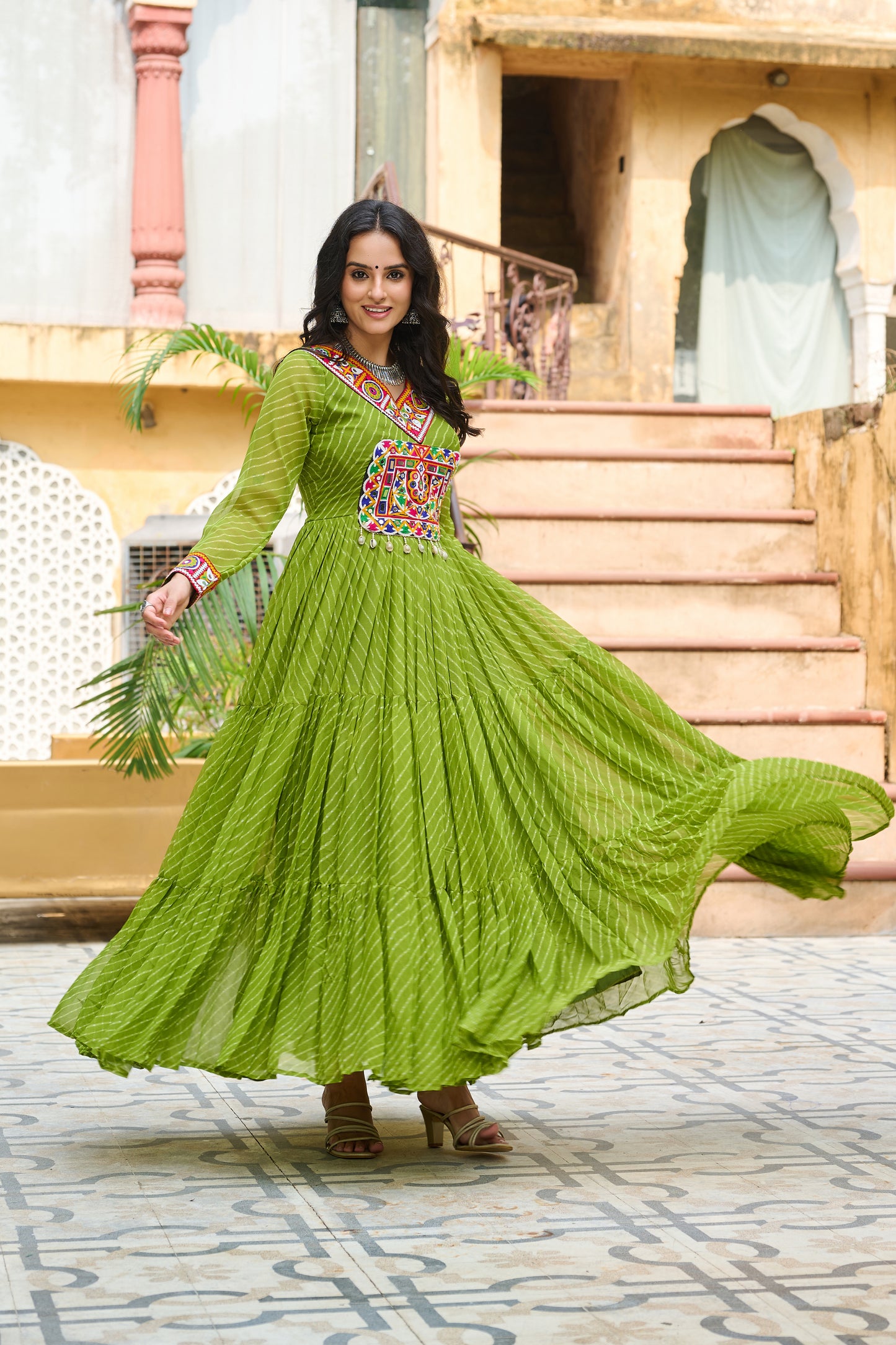 Green Bandhani Print With Kutchi Patchework Dress for Garba Nighta