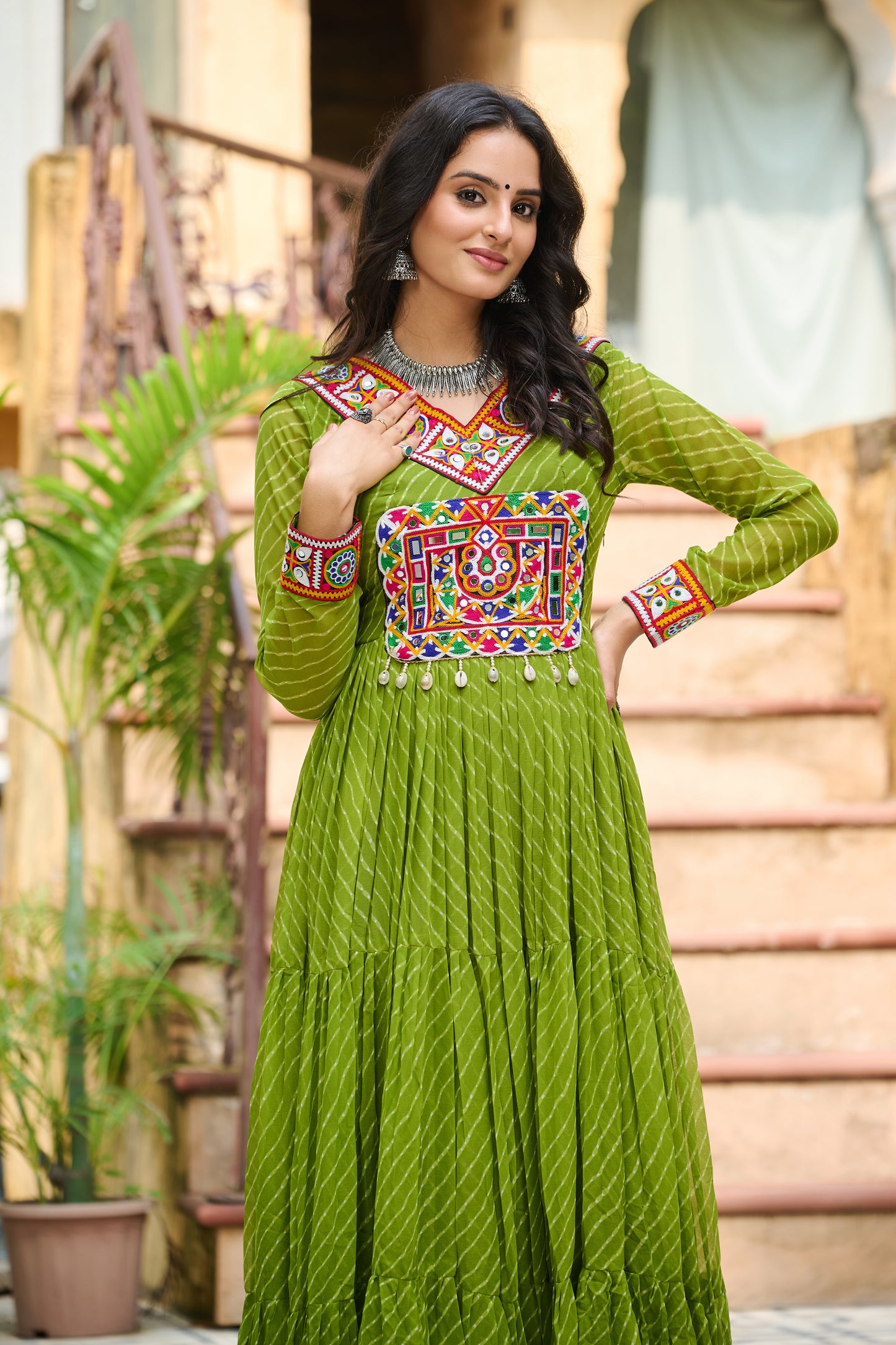 Green Bandhani Print With Kutchi Patchework Dress for Garba Nighta
